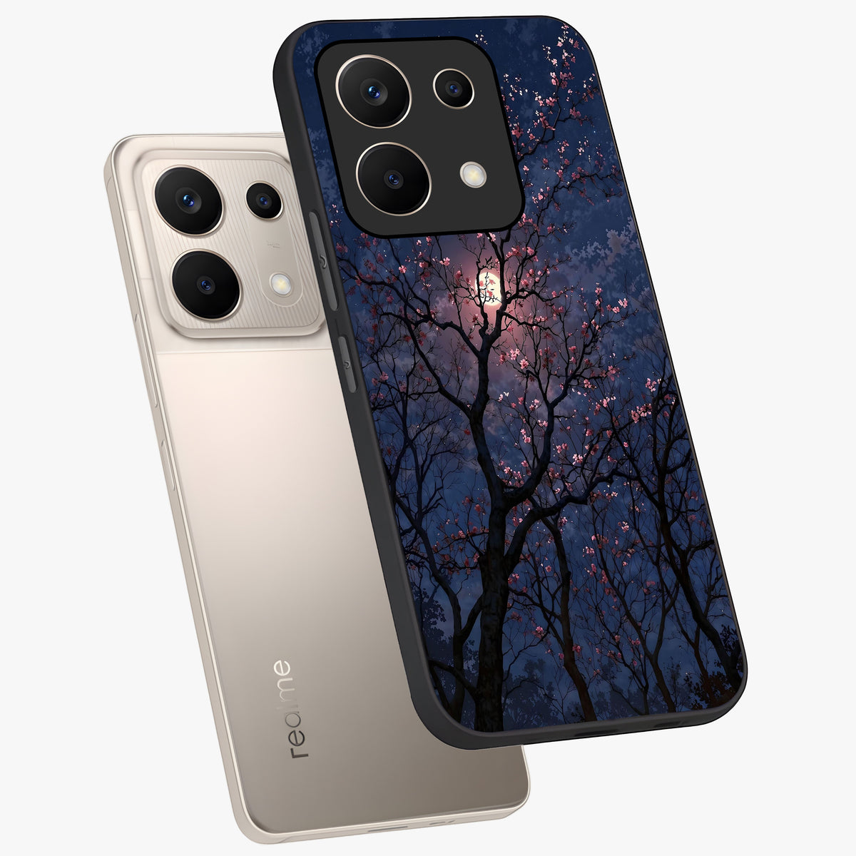 Twilight Sakura Serenade Glass Case displayed in angled mockup highlighting delicate sakura flower design with dreamy aesthetic.