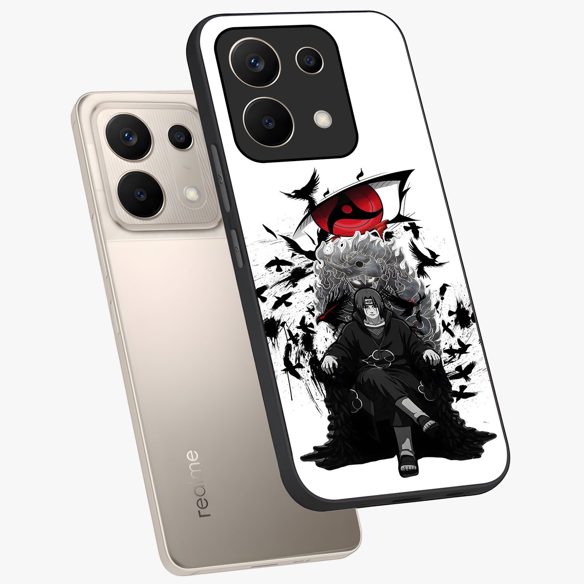 Uchiha Shadow Throne Glass Case displayed in angled mockup highlighting glowing aquatic design with celestial aesthetic.