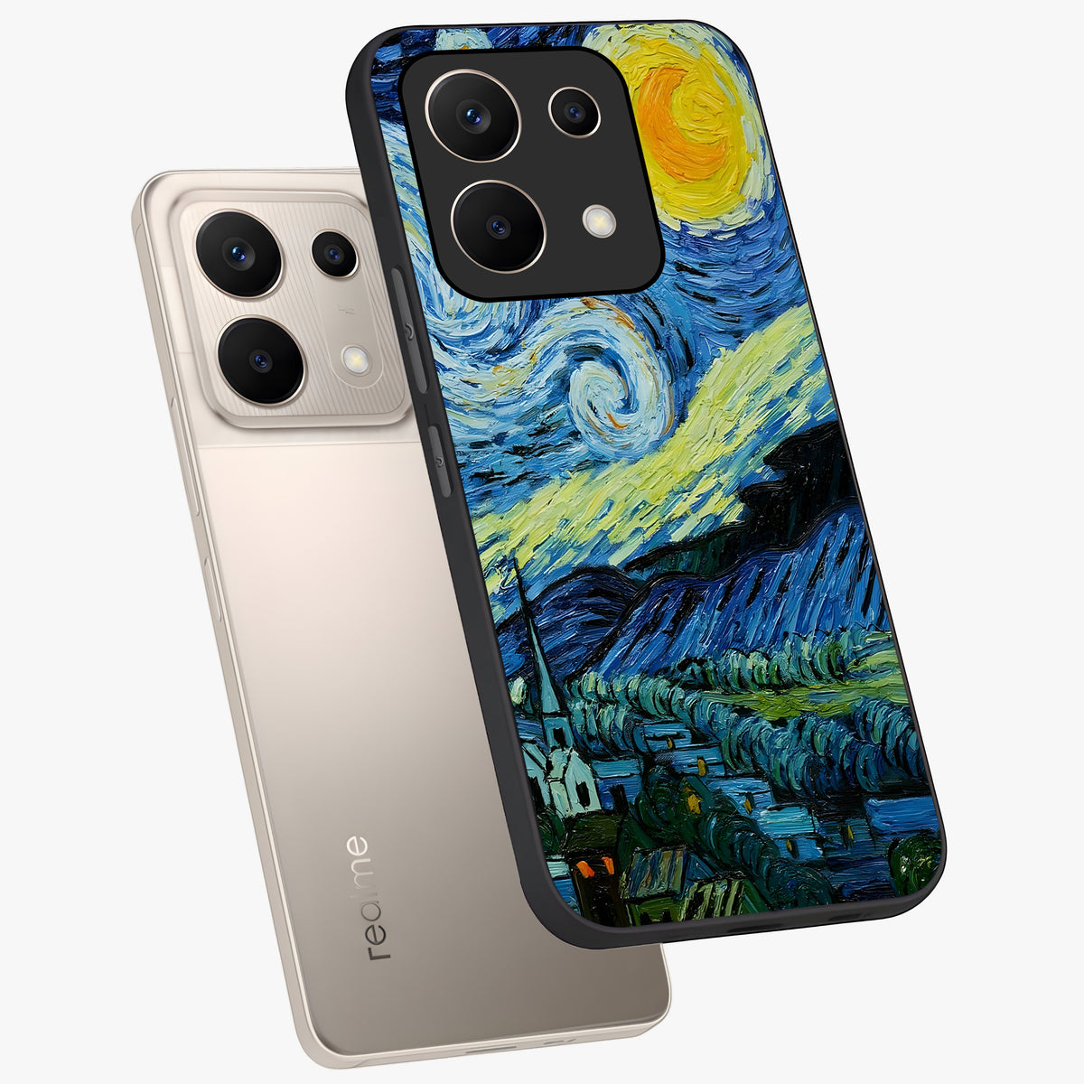 Van Gogh Art Glass Case displayed in angled mockup highlighting swirling brushstroke design with artistic aesthetic.