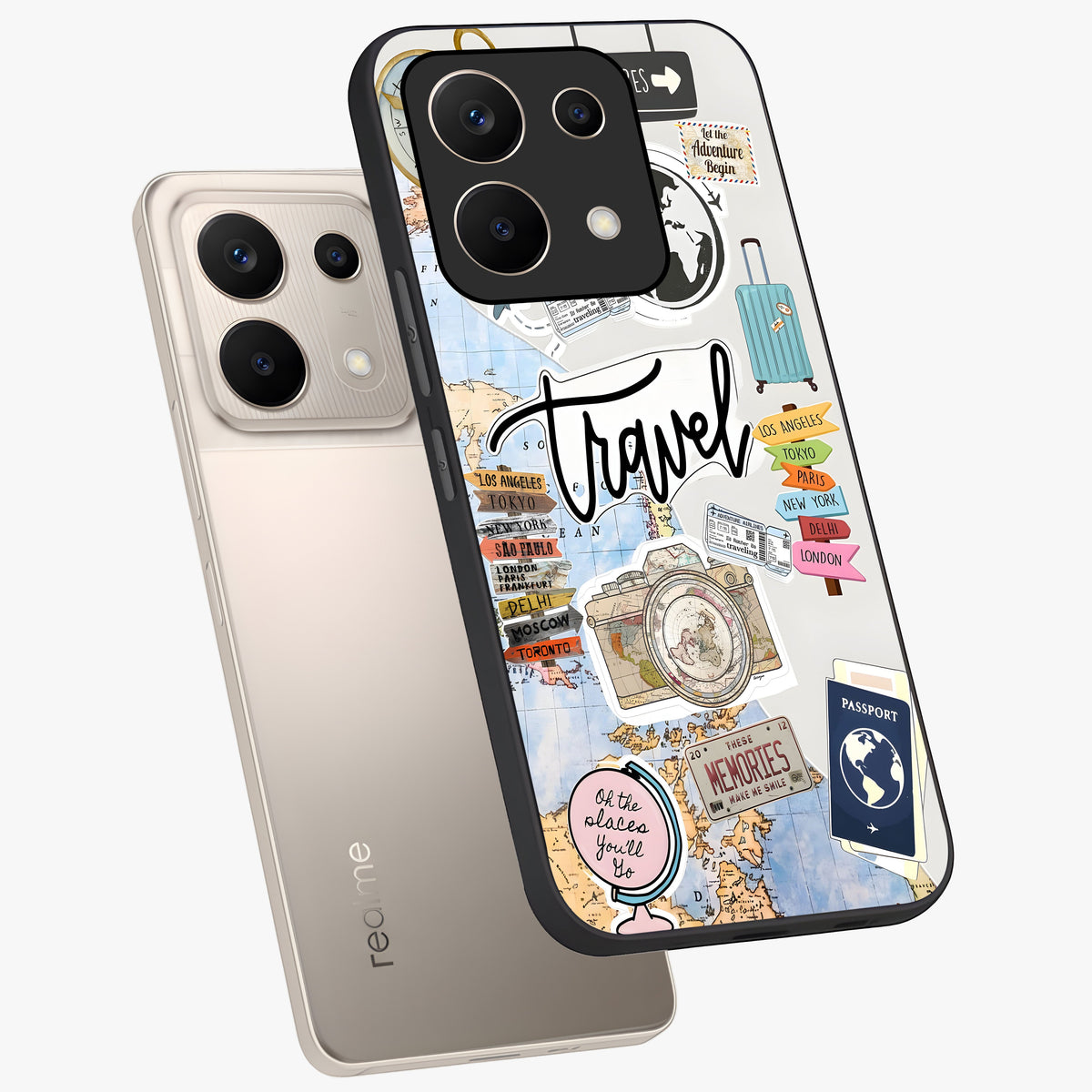 Wanderlust Journal Glass Case displayed in angled mockup highlighting adventure themed design with aesthetic travel vibe.