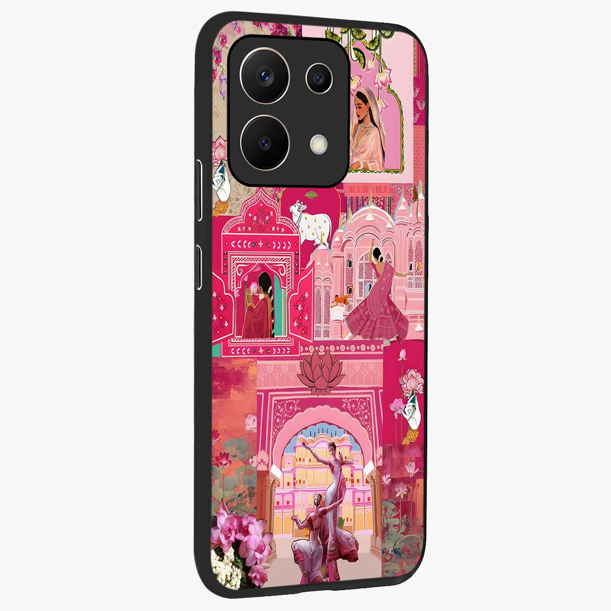 Blossoms of Rajasthan Glass Case upright view showcasing colorful floral design inspired by traditional Indian art.