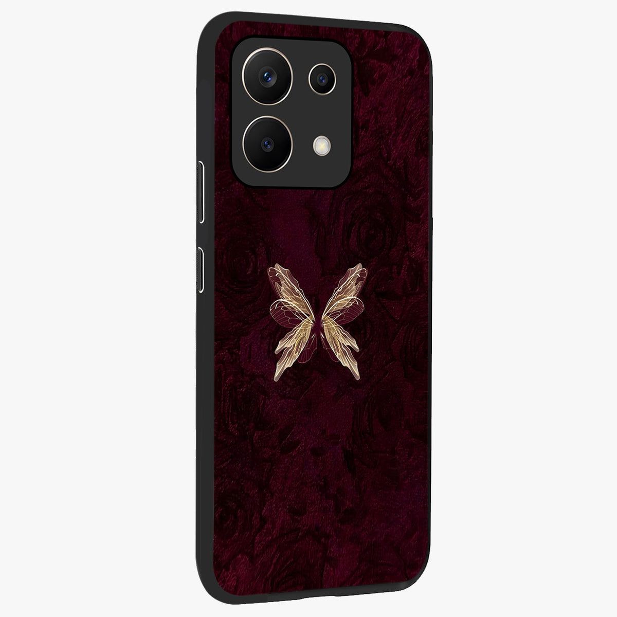 Crimson Fade Butterfly Glass Case upright view showcasing graceful butterfly artwork with soft crimson fade effect.