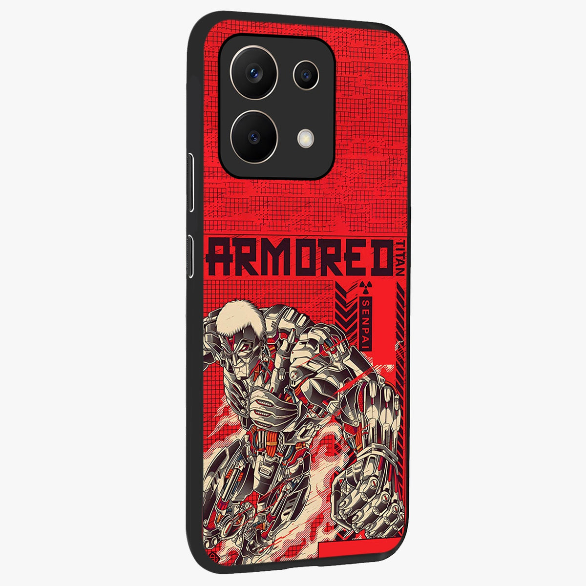 Crimson Mecha Titan Glass Case upright view showcasing dynamic robotic titan design with sci-fi inspired theme.