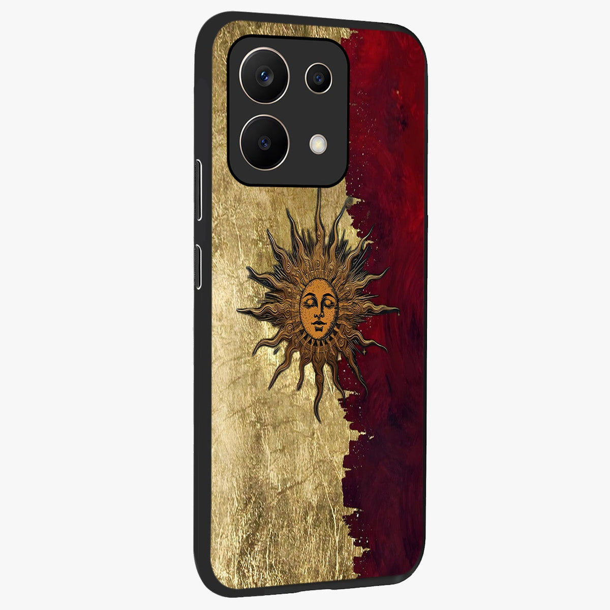 Crimson Sun Majesty Glass Case upright view showcasing vibrant sun artwork with powerful celestial theme.