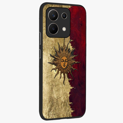 Crimson Sun Majesty Glass Case upright view showcasing vibrant sun artwork with powerful celestial theme.