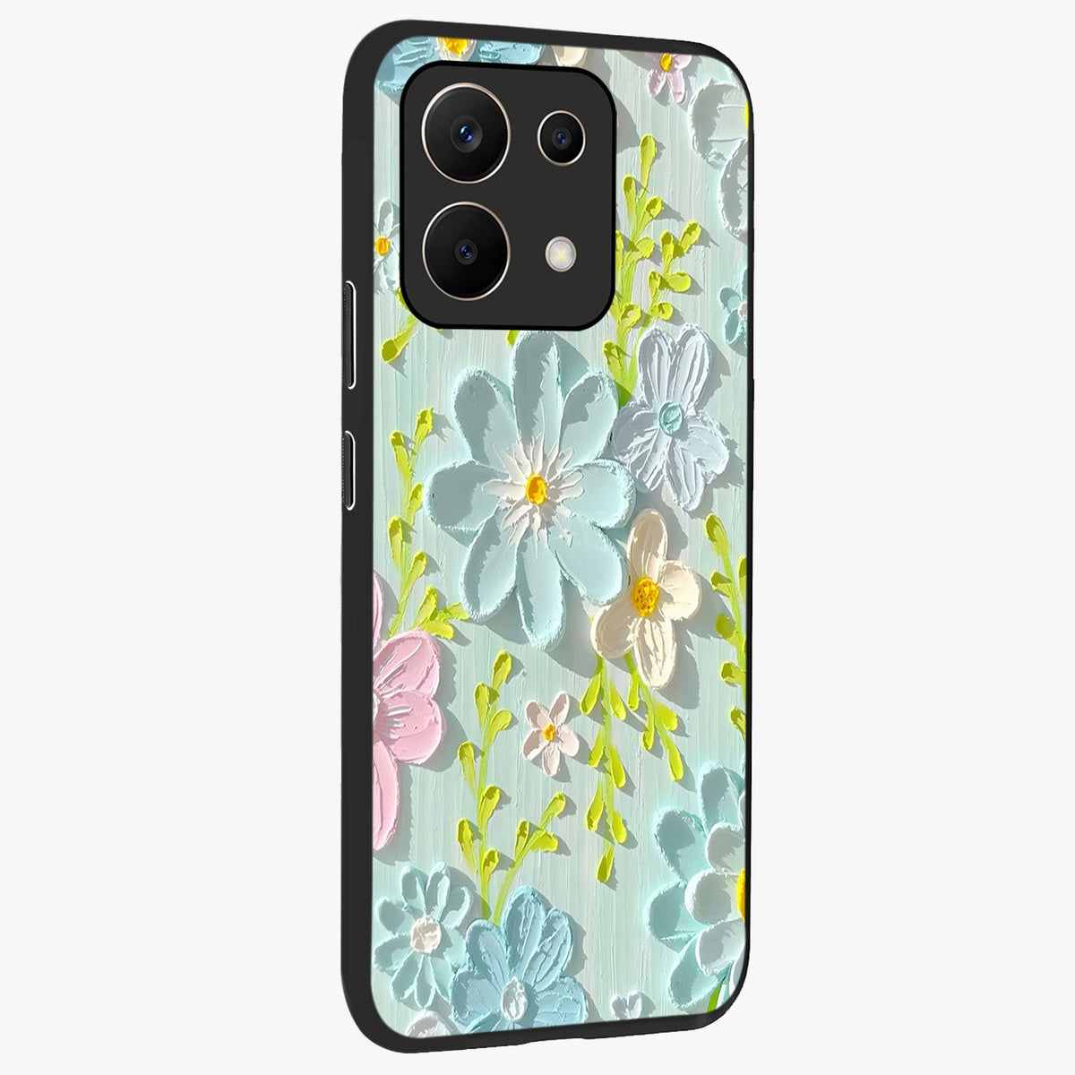 Frosted Petal Garden Glass Case upright view showcasing elegant floral garden artwork with soothing pastel theme.