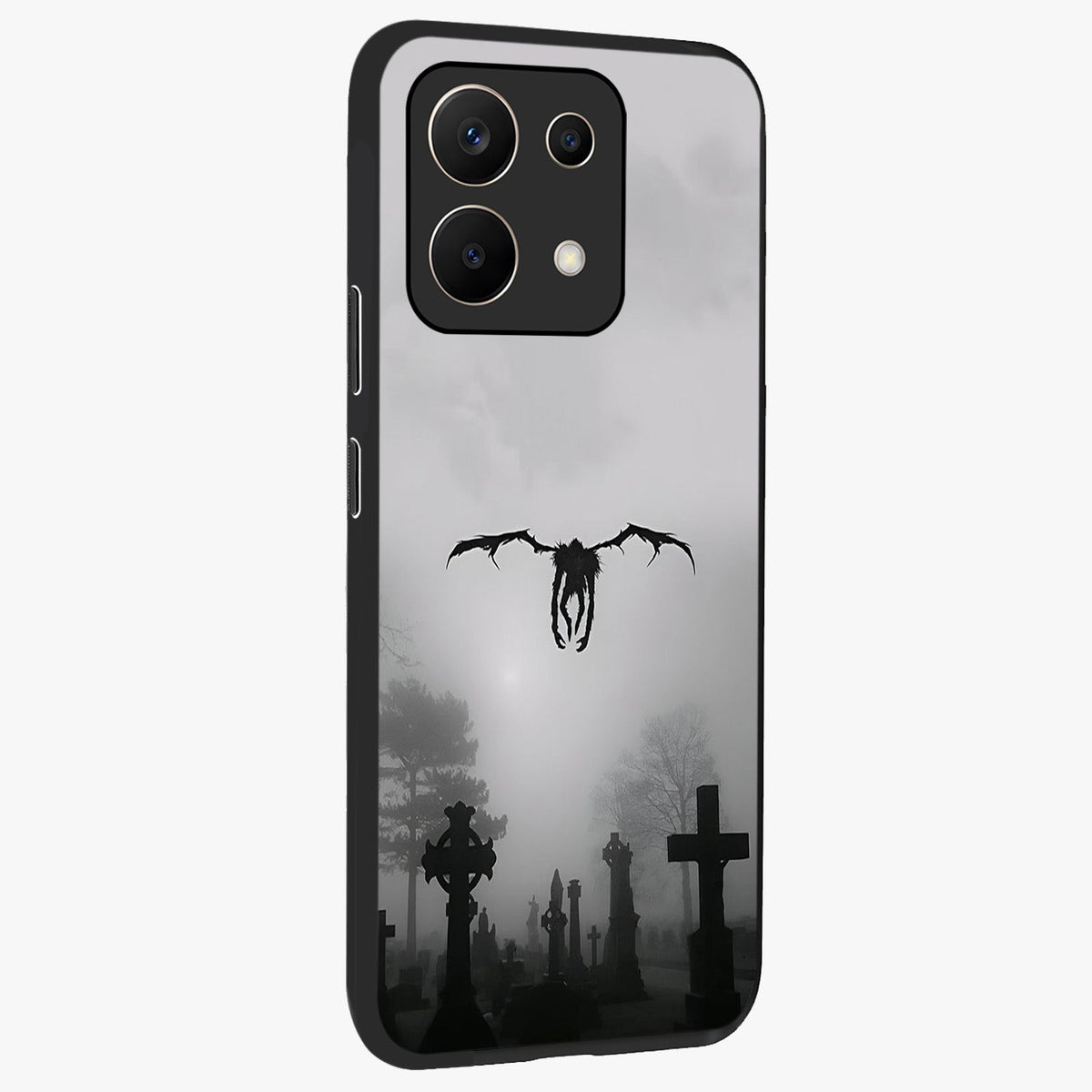 Graveyard Shadow Descent Glass Case upright view showcasing haunting graveyard artwork with dramatic dark theme.