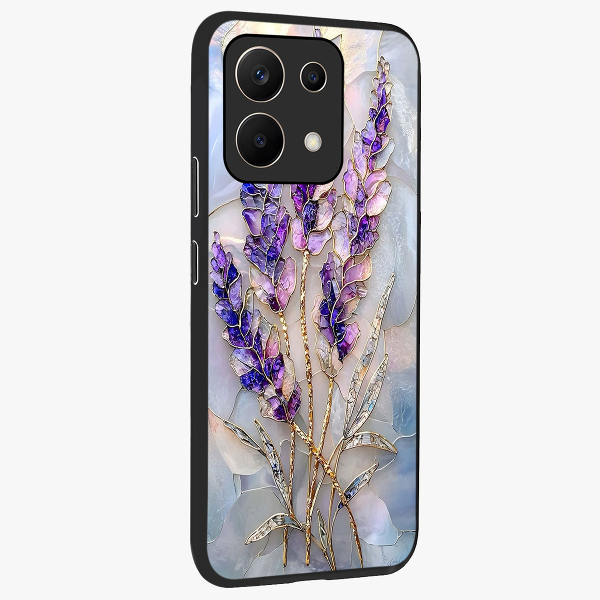 Lavender Dream Glow Glass Case upright view showcasing radiant lavender glow artwork with calming dreamy theme.
