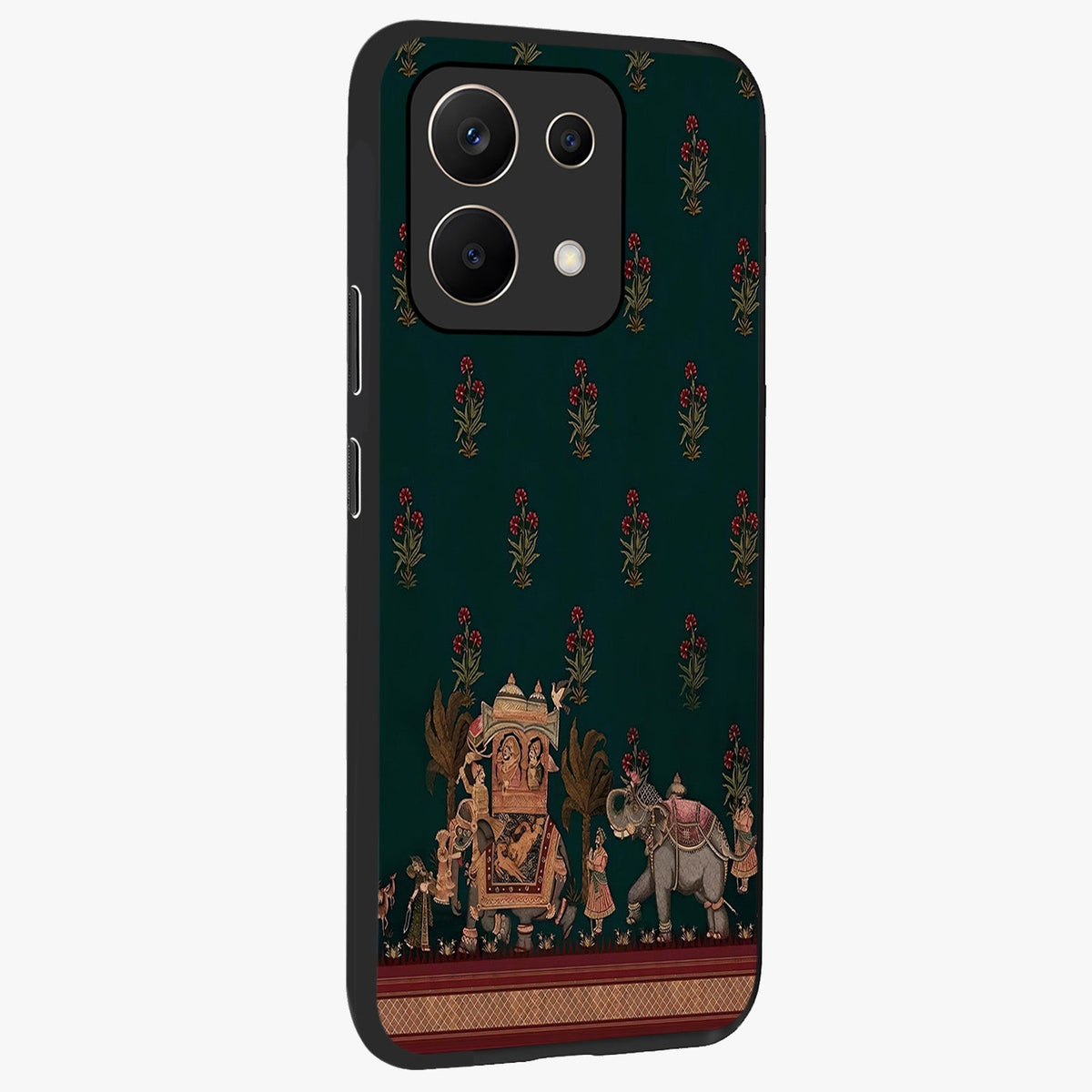 Macmerise Glass Case upright view showcasing bold artistic artwork with contemporary design theme.