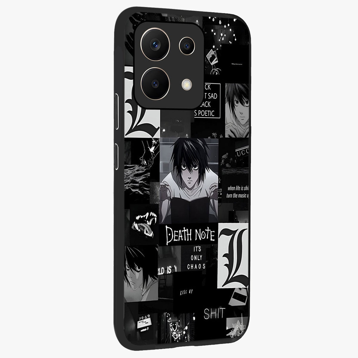 Midnight Chaos Mind Glass Case upright view showcasing expressive abstract artwork with bold dark theme.