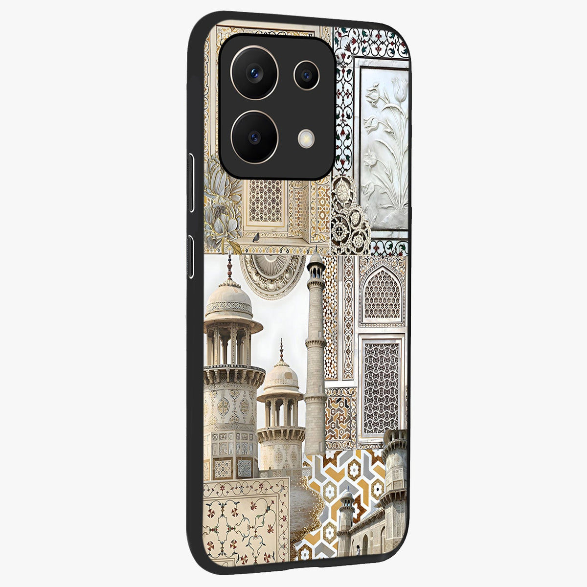 Mughal Marble Legacy Glass Case upright view showcasing ornate Mughal design with luxurious traditional theme.