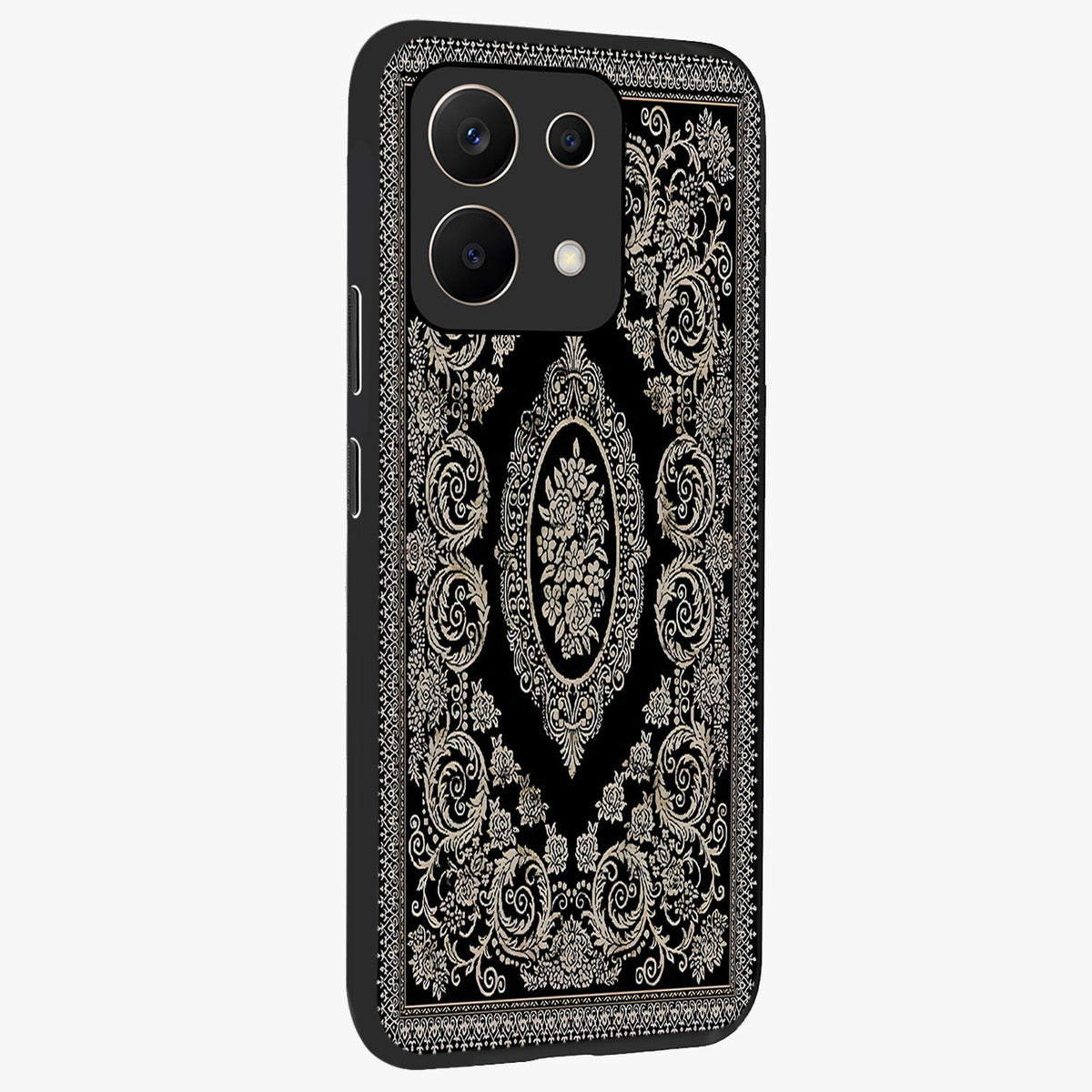 Noir Bloom Elegance Glass Case upright view showcasing graceful floral artwork with luxurious dark theme.
