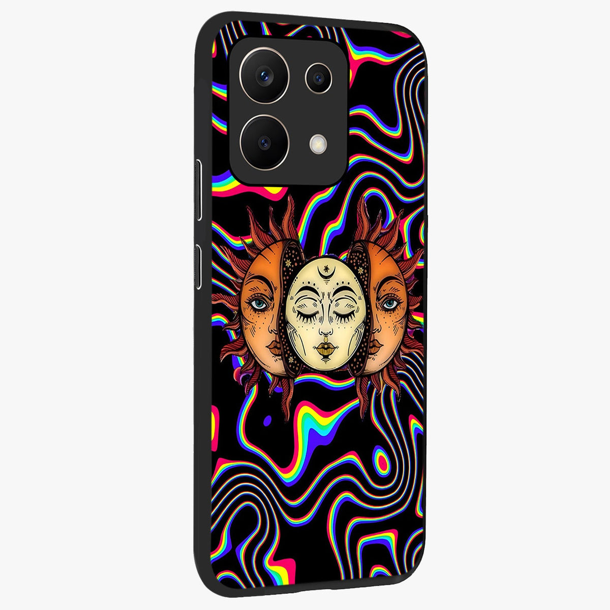 Psychedelic Sun Glass Case upright view showcasing trippy sun artwork with bold psychedelic theme.