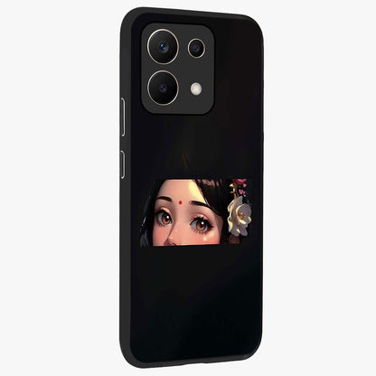 Radha Divine Embrace Glass Case upright view showcasing sacred Radha themed artwork with peaceful devotional style.