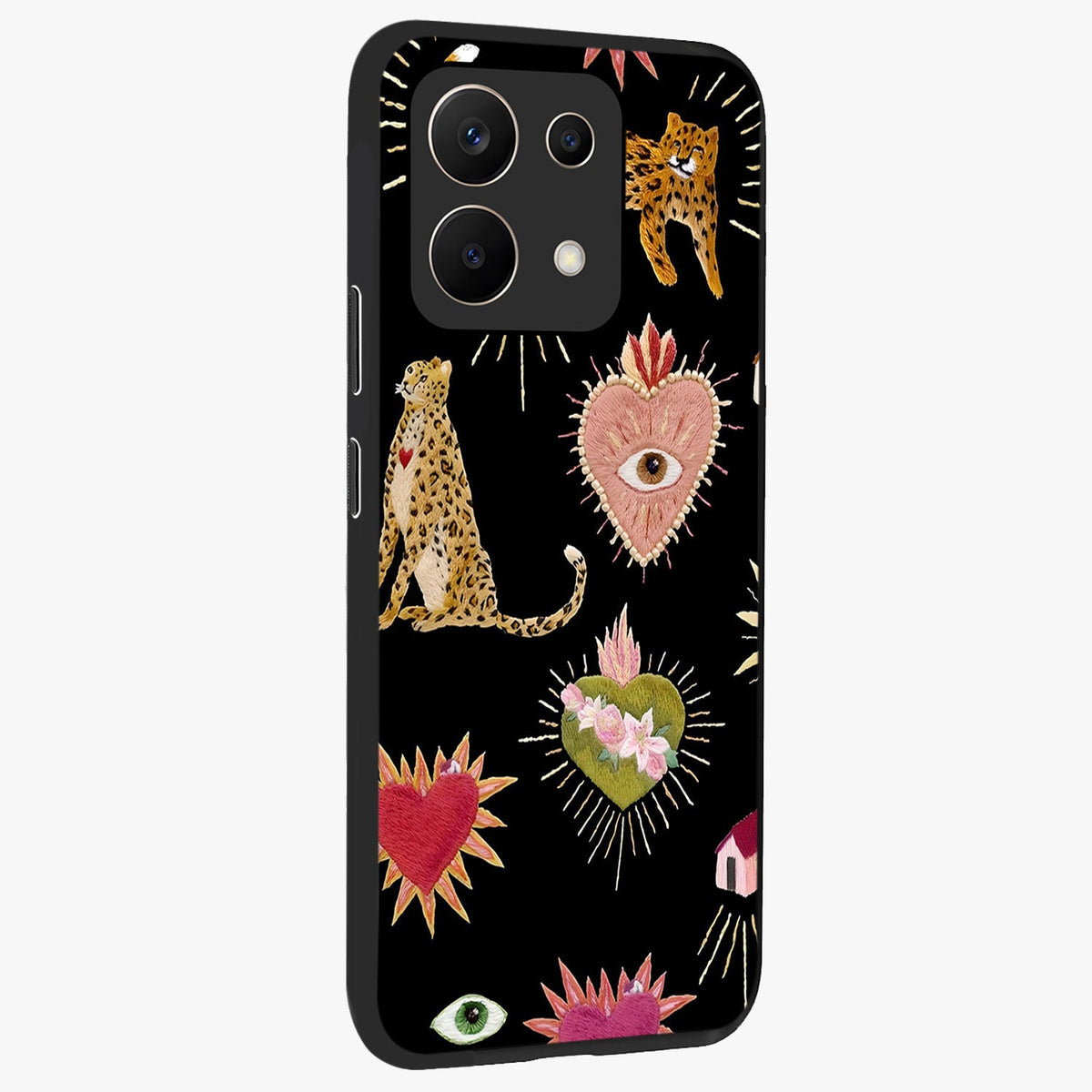 Sacred Jungle Heart Glass Case upright view showcasing vibrant jungle artwork with symbolic heart theme.