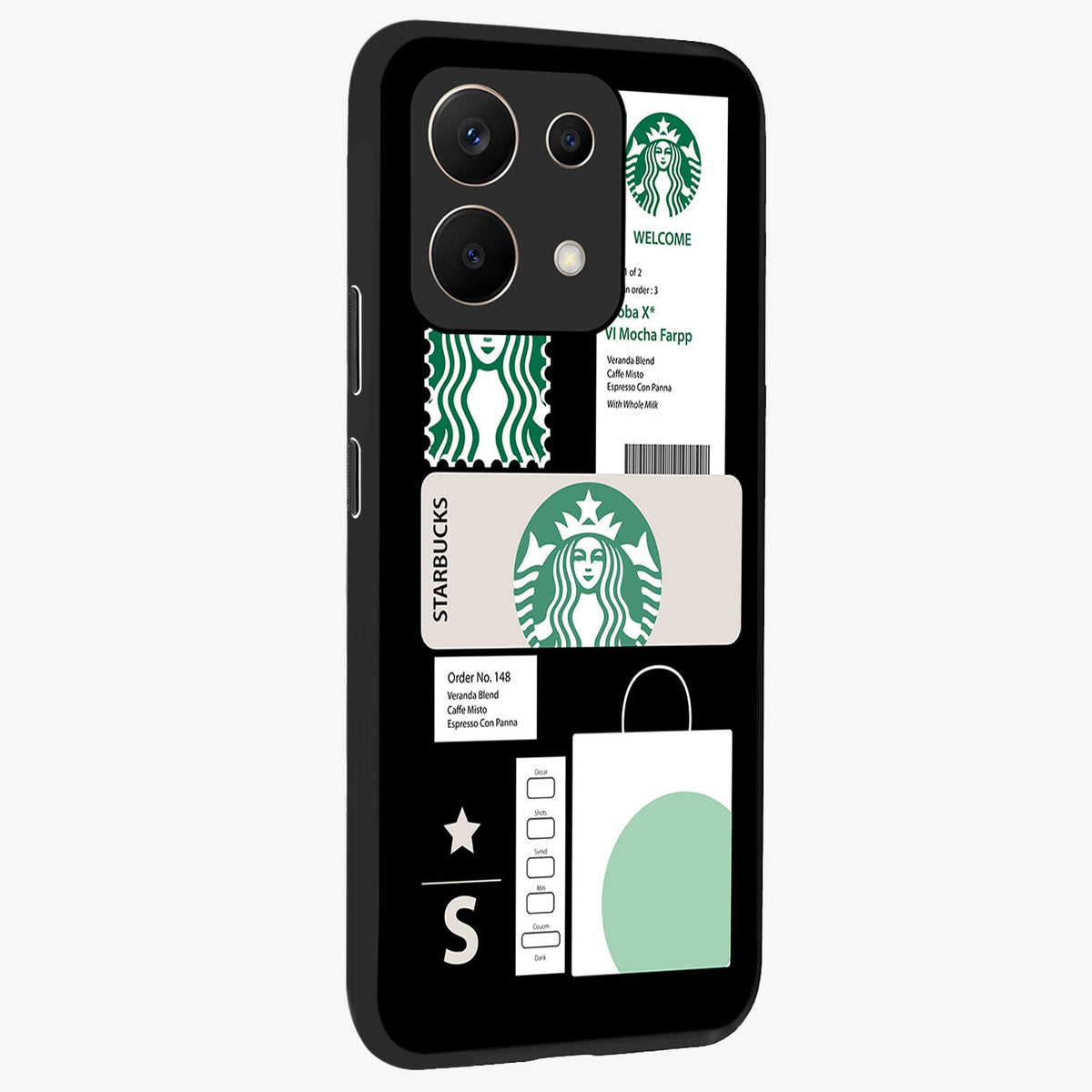 Starbucks Mocha Glass Case upright view showcasing trendy coffee inspired artwork with modern lifestyle theme.