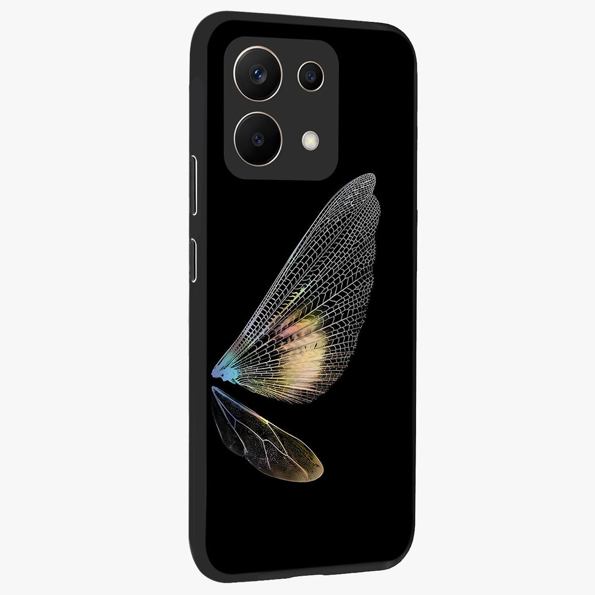 Whispers Of Wings Glass Case upright view showcasing elegant wing artwork with light airy theme.
