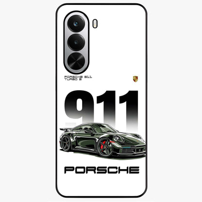 911 Turbo Dominance Glass Case showing clean flat back view with bold 911 sports car artwork and glossy glass finish.