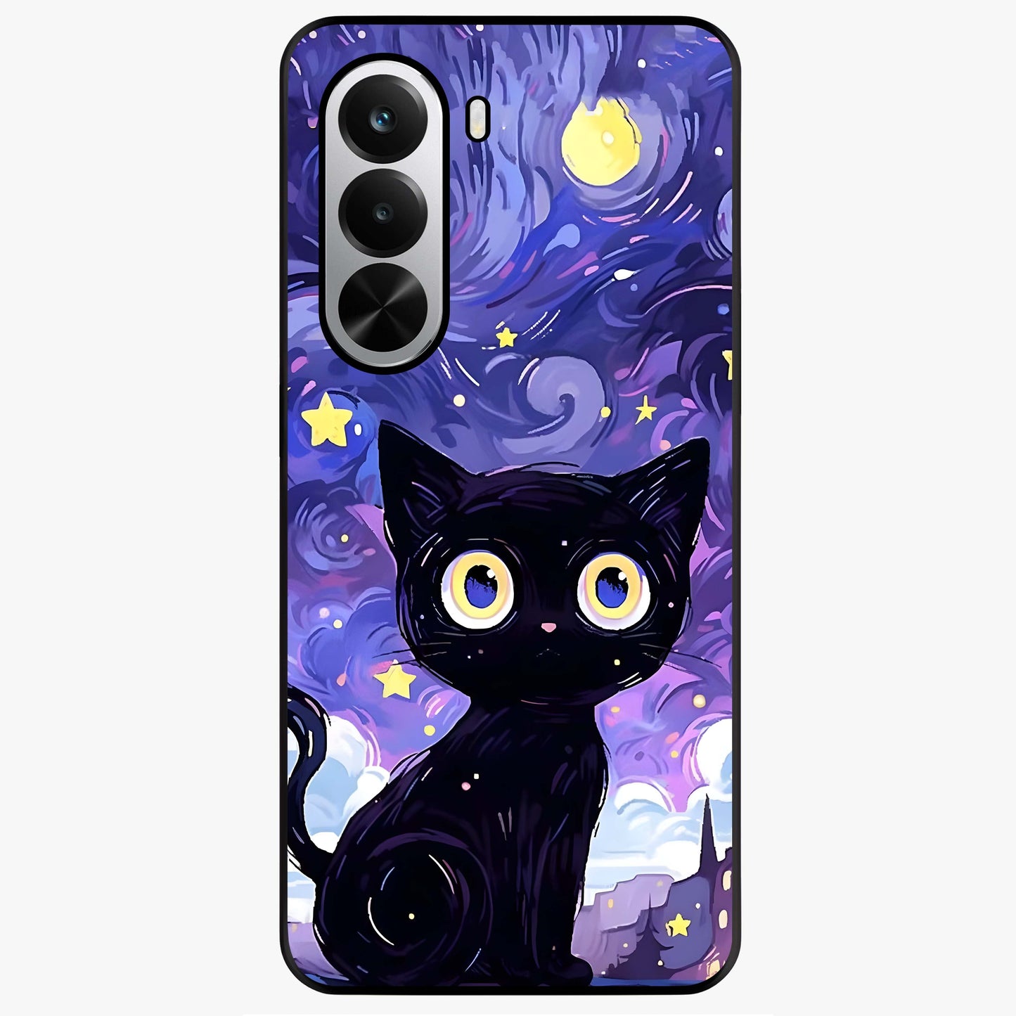 Abstract Cat Art Glass Case showing flat back view with artistic cat illustration and glossy glass finish.