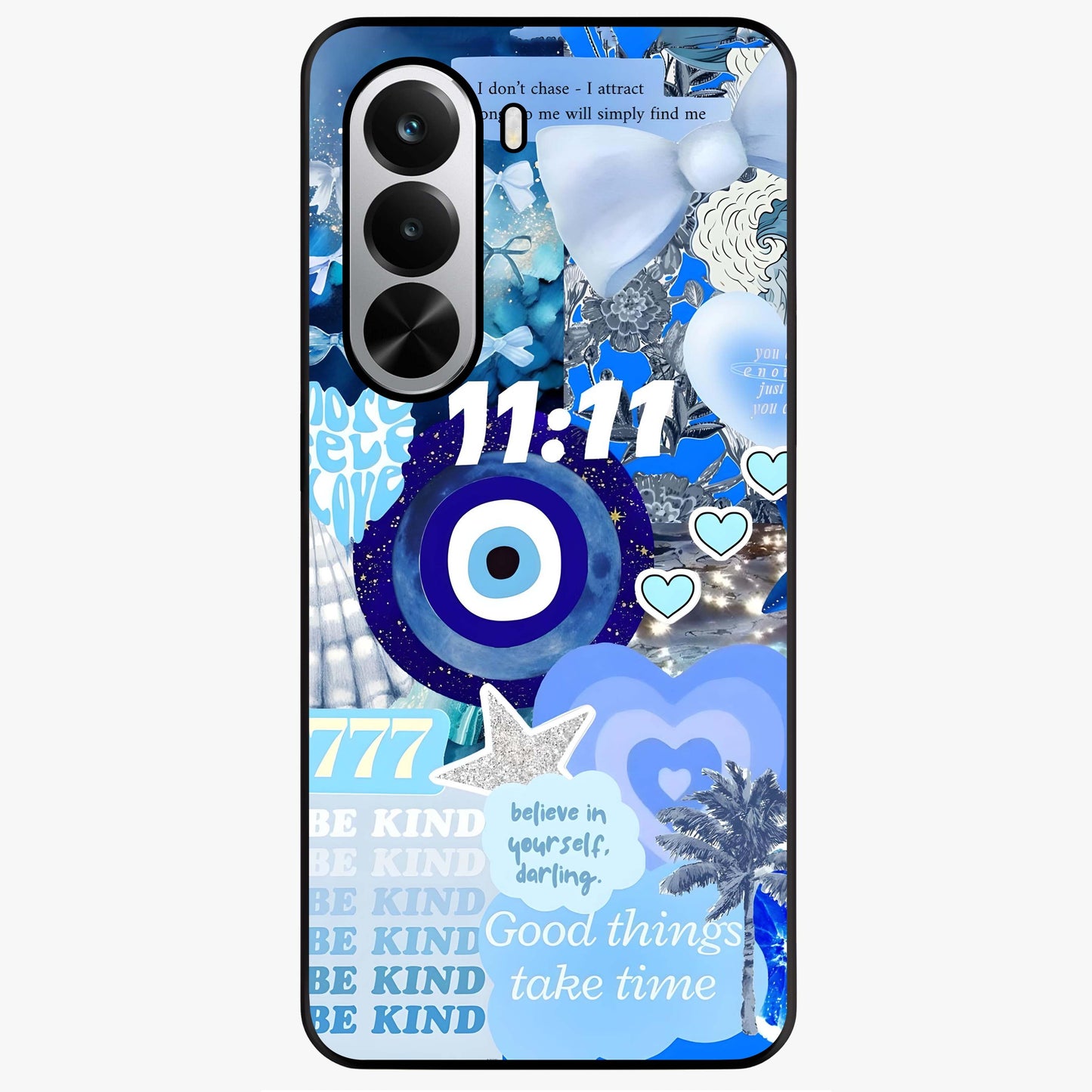 Aesthetic Be Kind Eye Glass Case showing flat back view with motivational eye artwork and glossy glass finish.