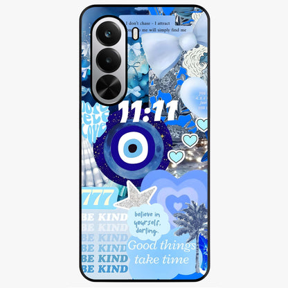 Aesthetic Be Kind Eye Glass Case showing flat back view with motivational eye artwork and glossy glass finish.