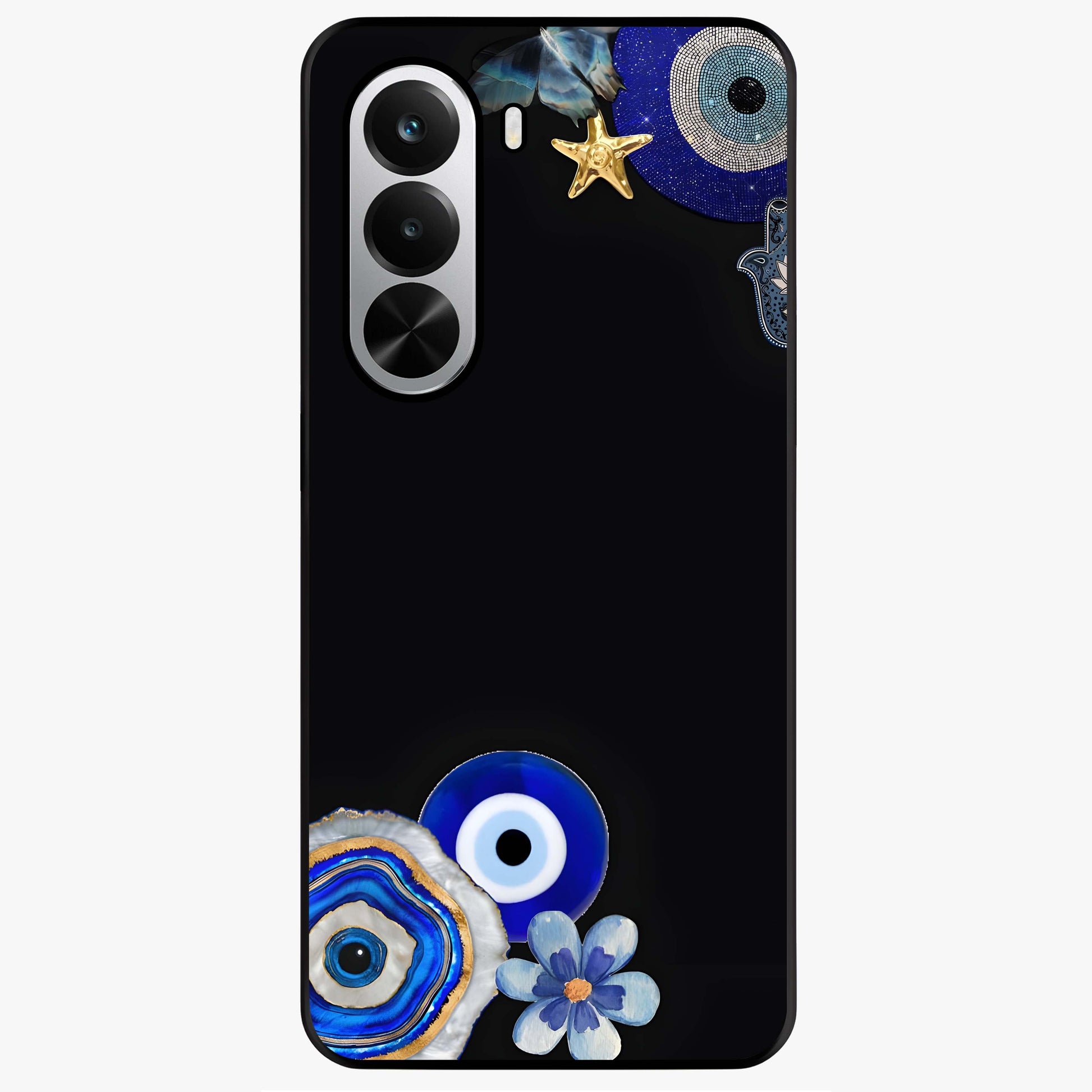 Aesthetic Blue Evil Eye Glass Case showing flat back view with protective evil eye artwork and glossy glass finish.