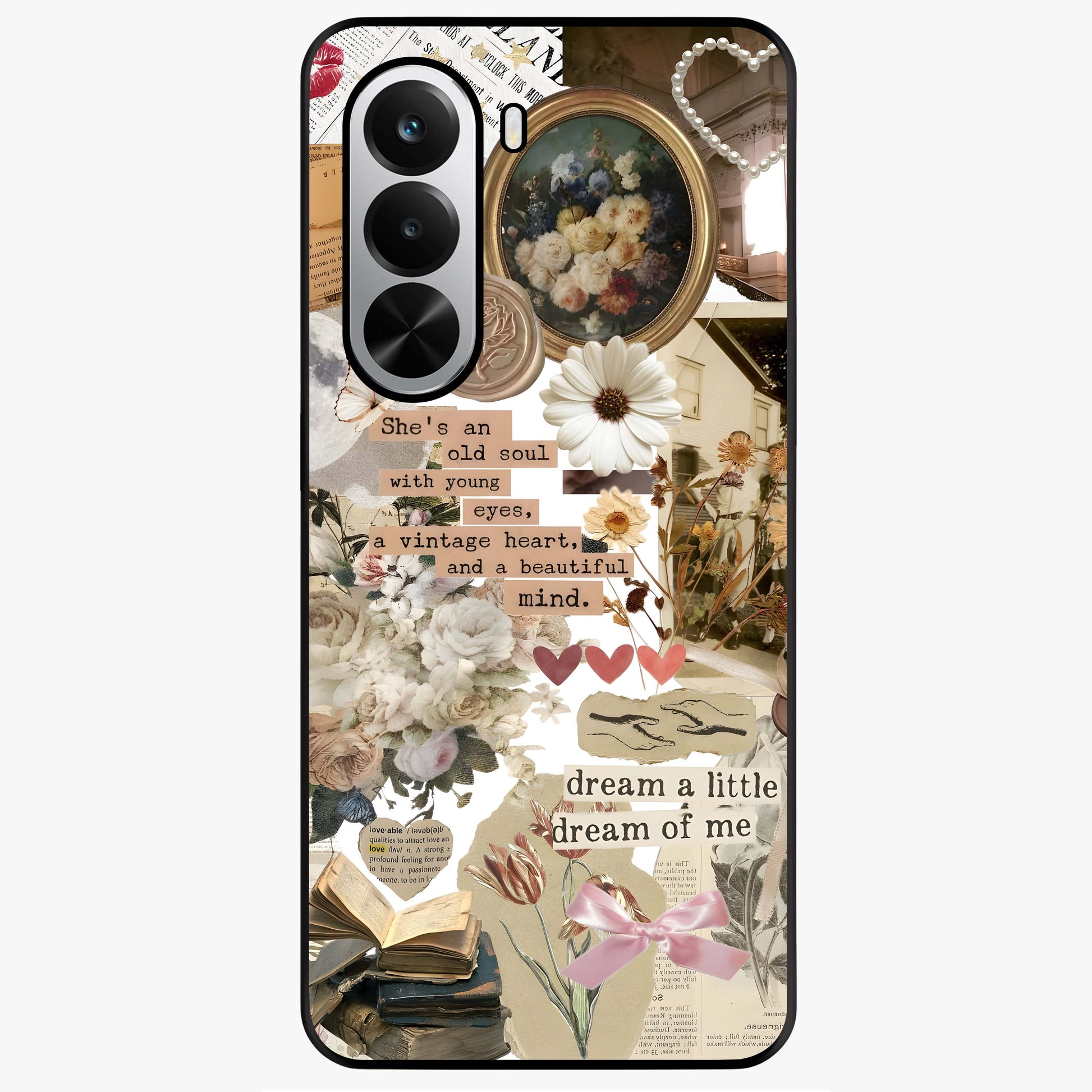 Aesthetic Brown Vintage Collage Glass Case showing flat back view with retro collage artwork and glossy glass finish.