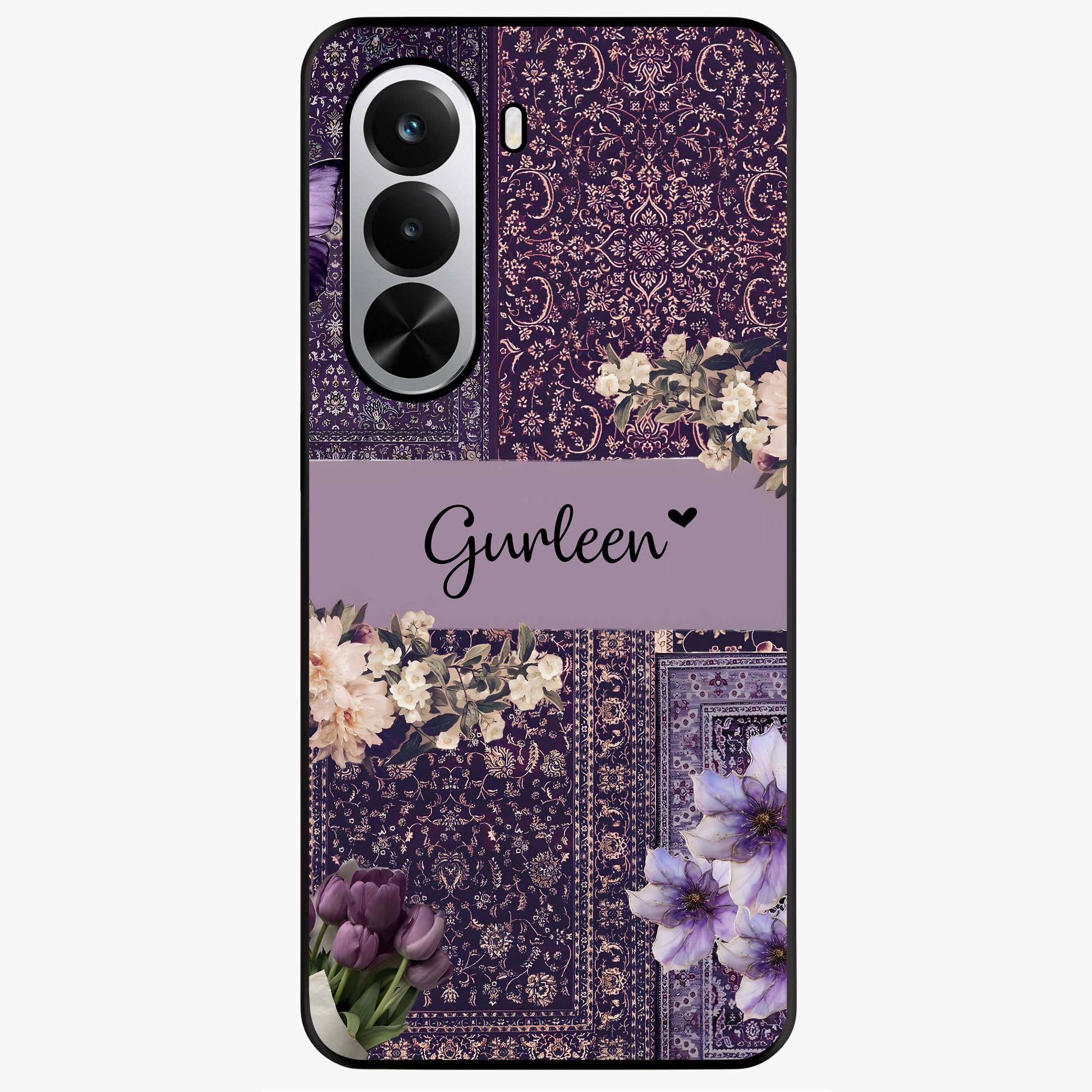 Antique Floral Whisper Custom Name Glass Case showing flat back view with vintage floral artwork and personalized name design.