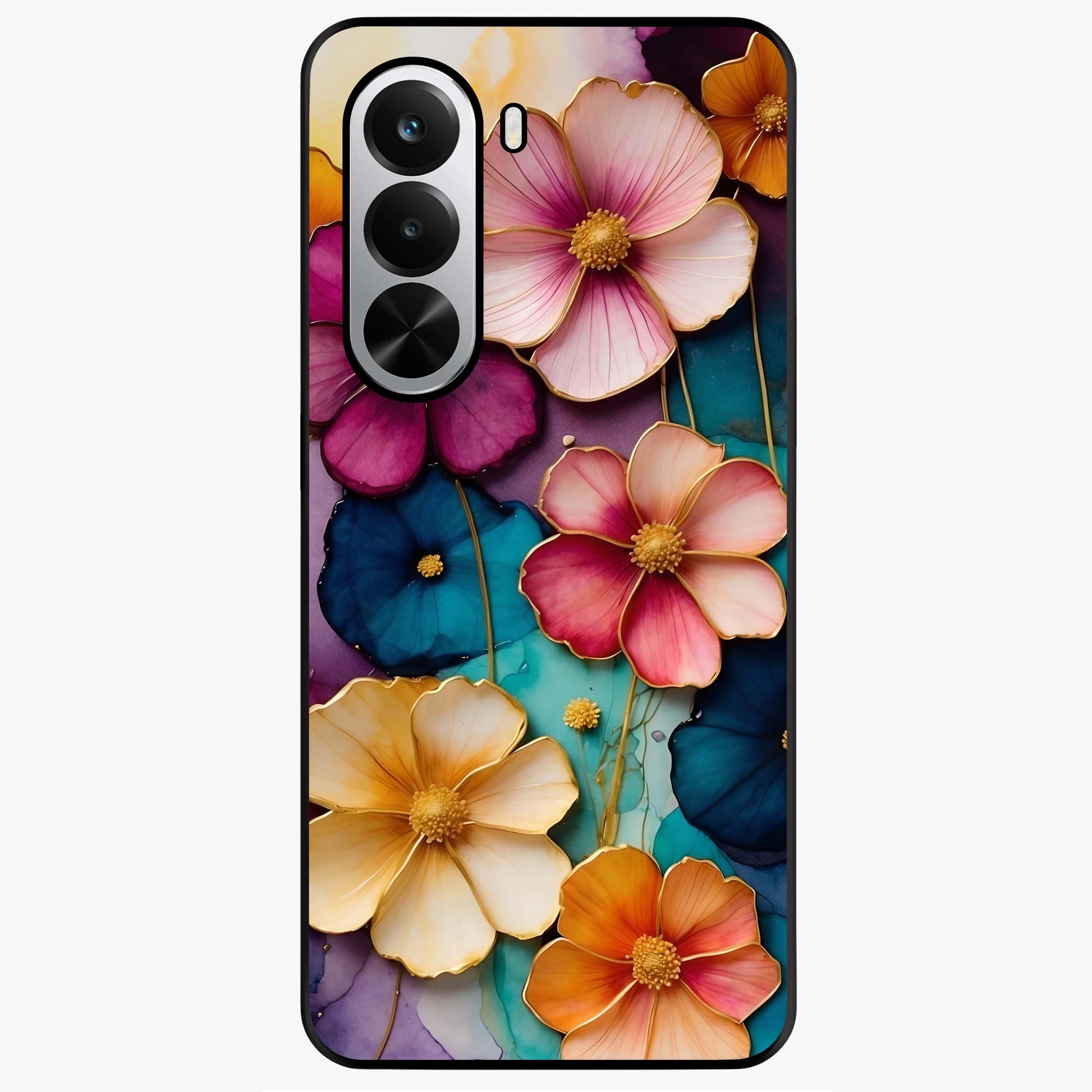 Artlyn Grace Flower Pattern Glass Case showing flat back view with elegant floral pattern artwork and glossy glass finish.