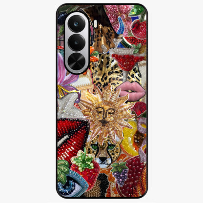 Beaded Fashion Jungle Glass Case showing flat back view with vibrant jungle inspired bead artwork and glossy glass finish.