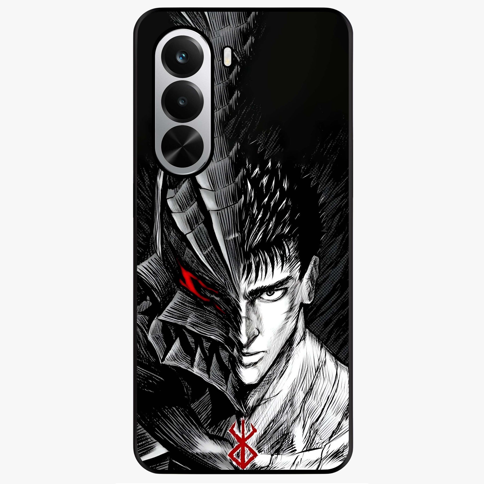 Berserker Blood Oath Glass Case showing flat back view with fierce warrior inspired artwork and glossy glass finish.
