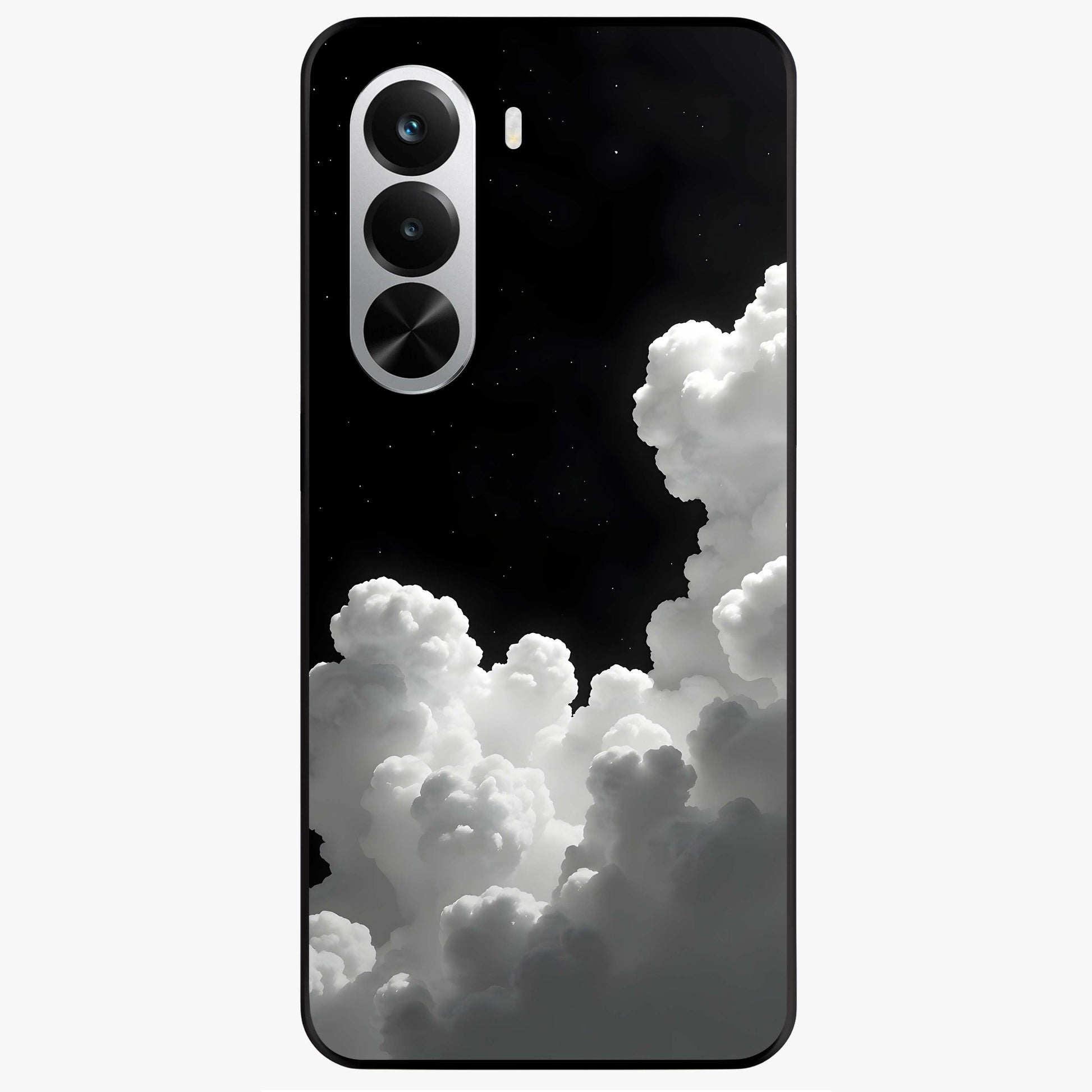 Black Background With White Cloud Glass Case showing flat back view with minimal cloud artwork on dark background and glossy glass finish.