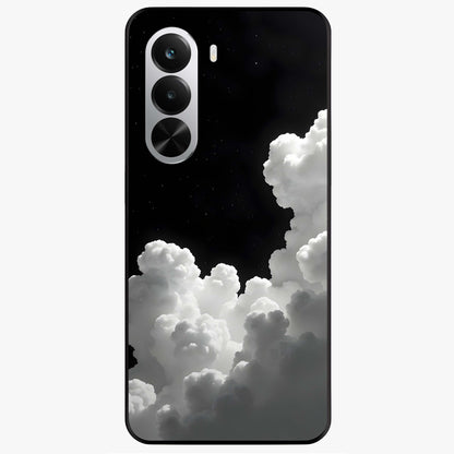 Black Background With White Cloud Glass Case showing flat back view with minimal cloud artwork on dark background and glossy glass finish.