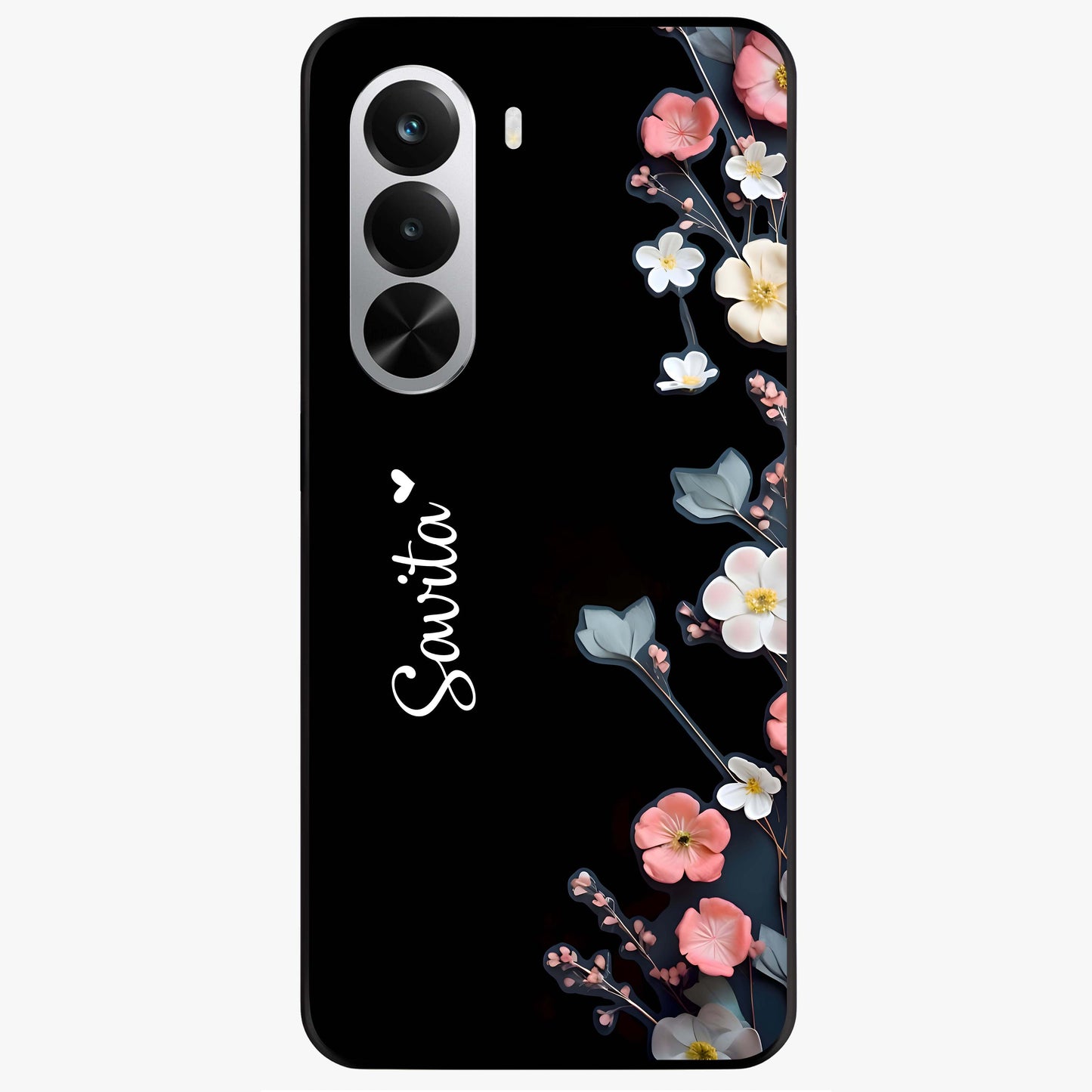 Black Elegance Floral Custom Name Glass Case showing flat back view with elegant floral artwork and personalized name design.