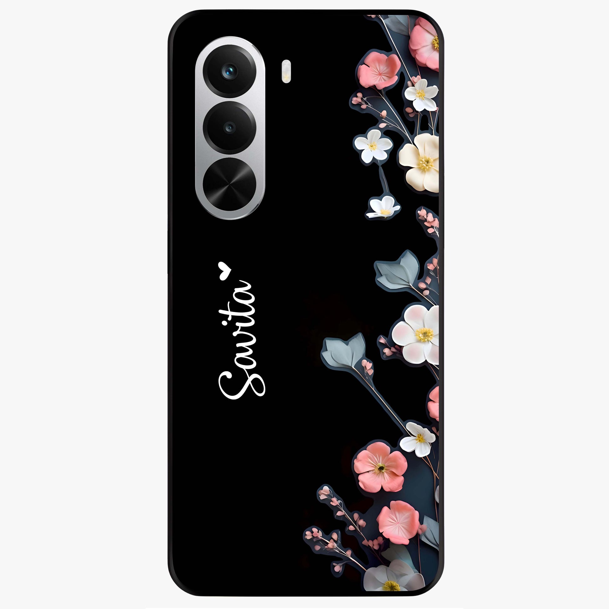 Black Elegance Floral Custom Name Glass Case showing flat back view with elegant floral artwork and personalized name design.