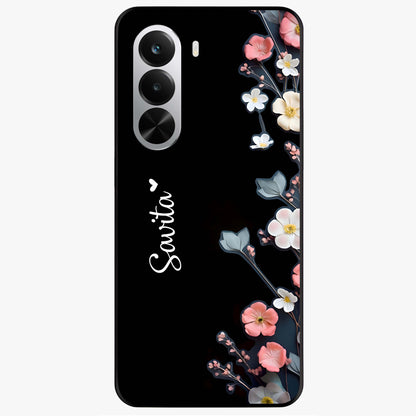 Black Elegance Floral Custom Name Glass Case showing flat back view with elegant floral artwork and personalized name design.