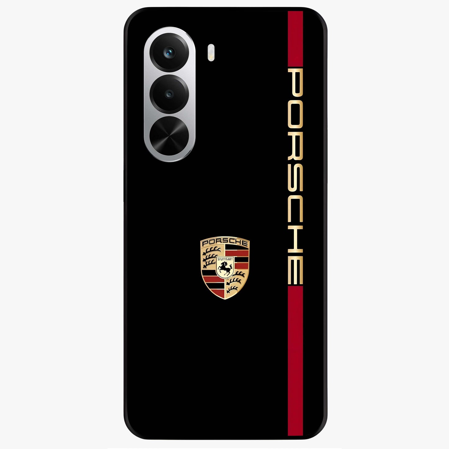 Black Minimal Porsche Glass Case showing flat back view with sleek minimal sports car artwork and glossy glass finish.
