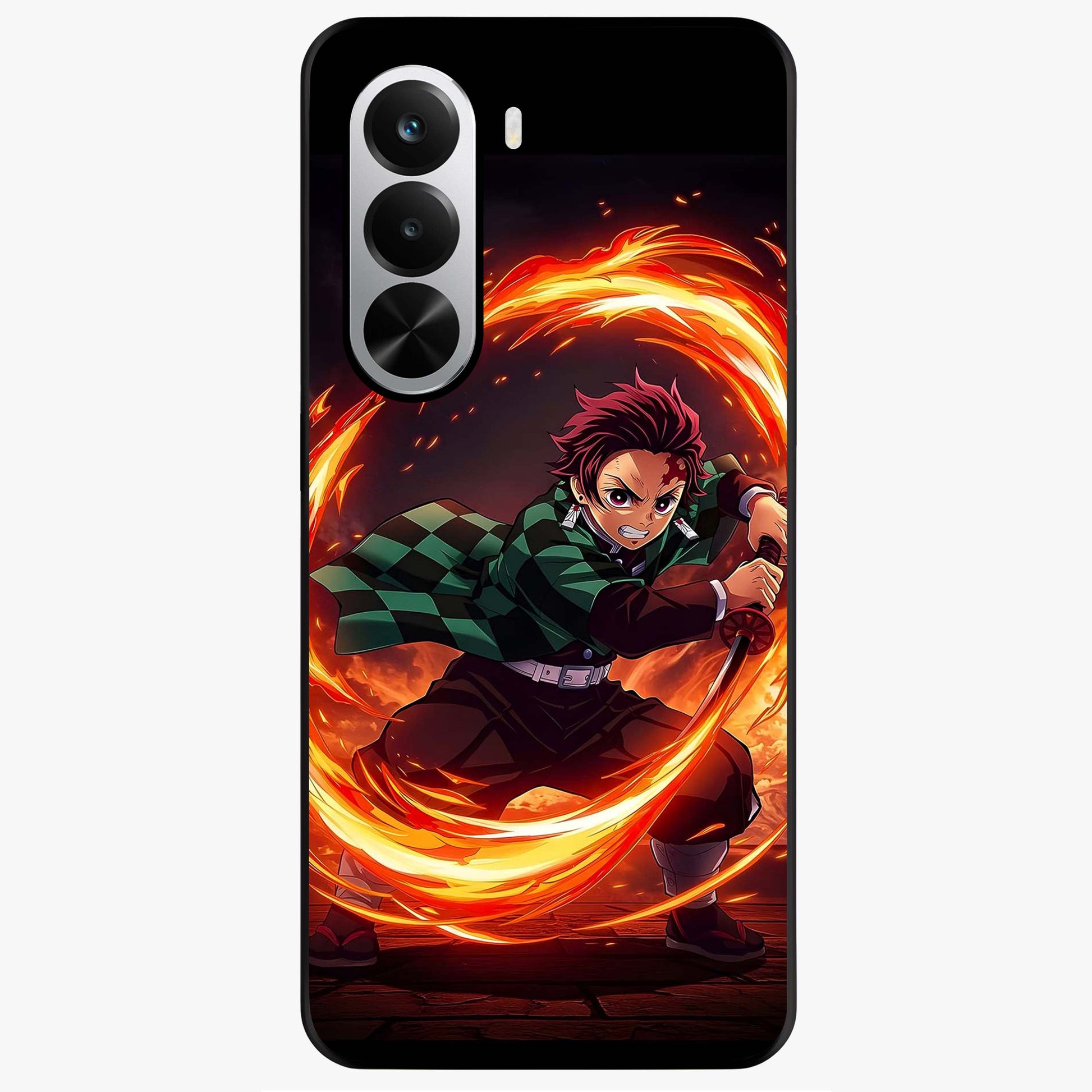 Blazing Sword Resolve Glass Case showing flat back view with fiery sword artwork and glossy glass finish.