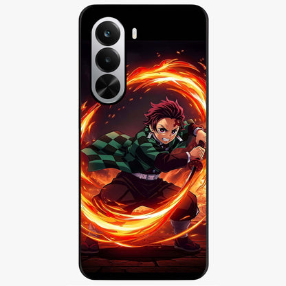 Blazing Sword Resolve Glass Case showing flat back view with fiery sword artwork and glossy glass finish.