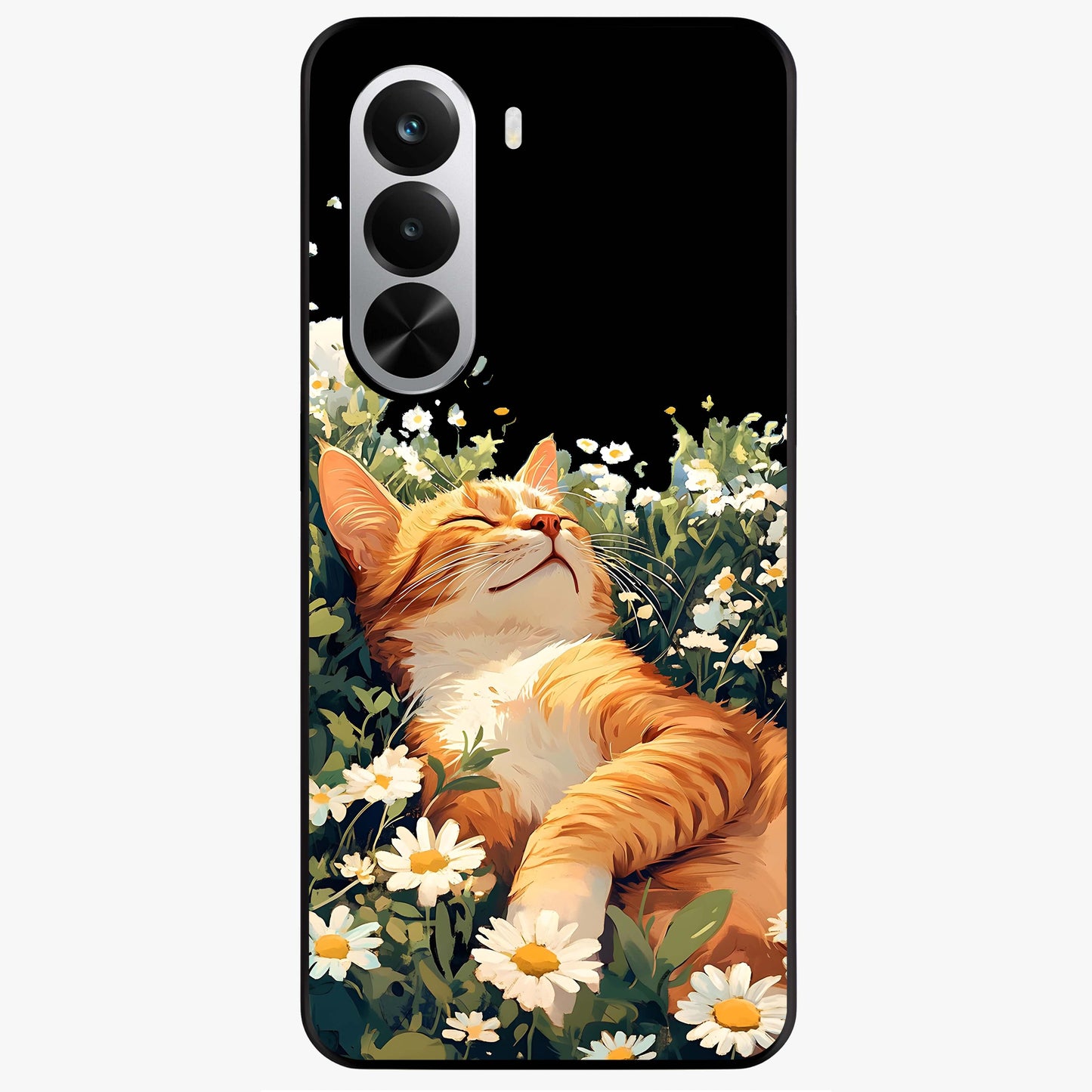Blissful Bloom Cat Glass Case showing flat back view with cute cat and floral bloom artwork and glossy glass finish.