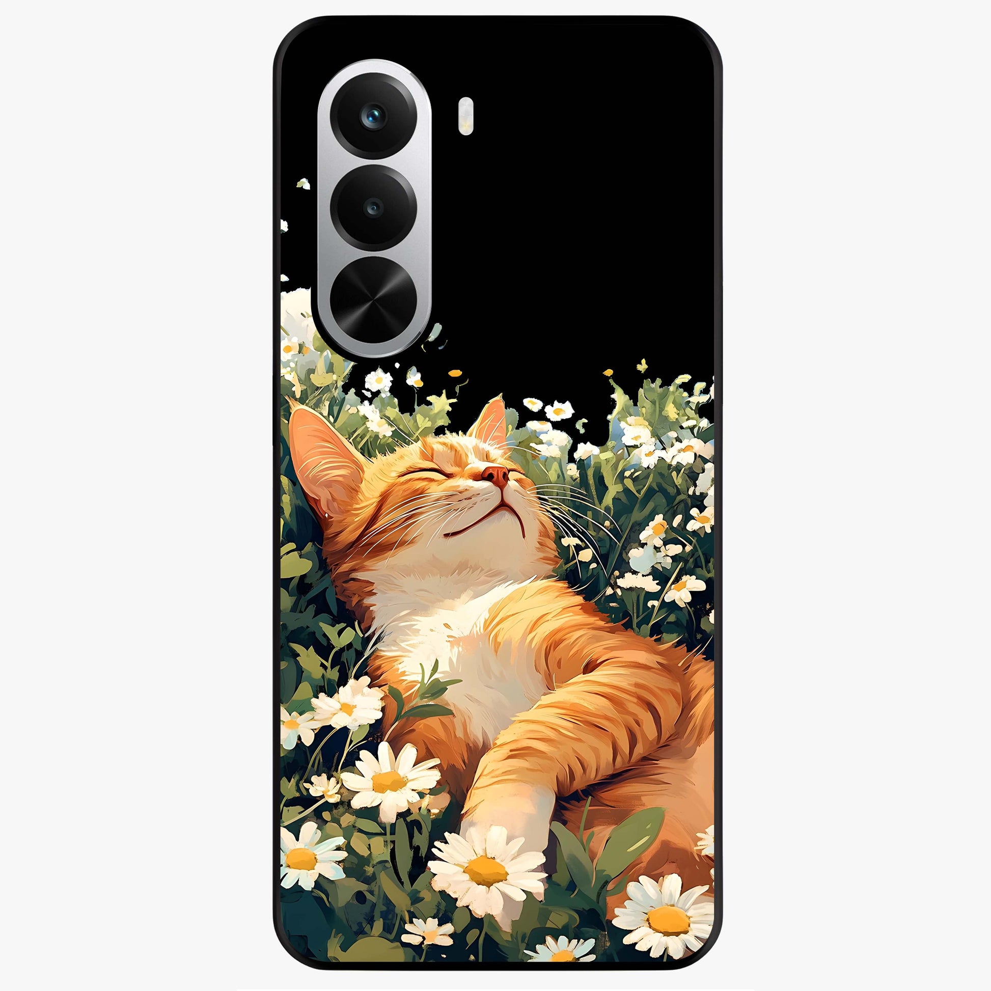 Blissful Bloom Cat Glass Case showing flat back view with cute cat and floral bloom artwork and glossy glass finish.