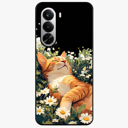 Blissful Bloom Cat Glass Case showing flat back view with cute cat and floral bloom artwork and glossy glass finish.