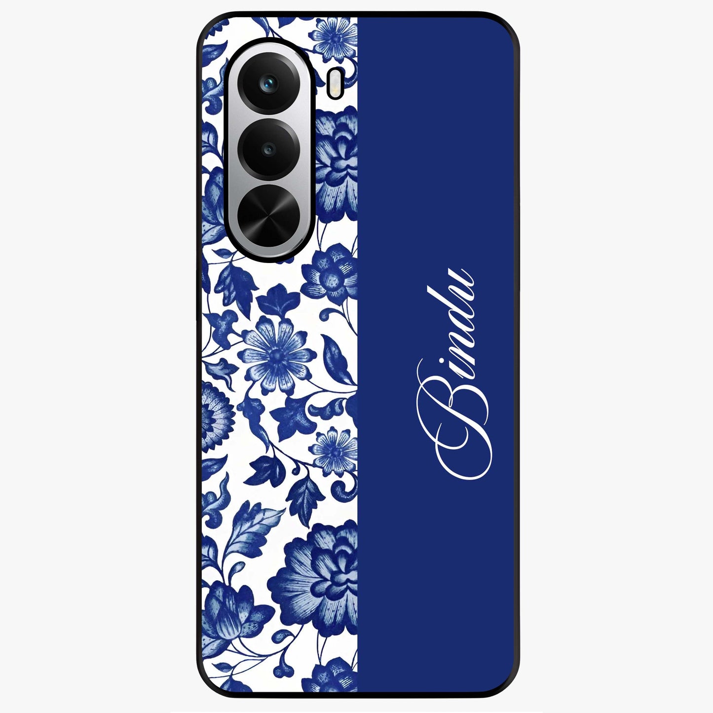 Blue Vintage Floral Pattern Glass Case upright view showcasing timeless floral illustration with vintage inspired style.
