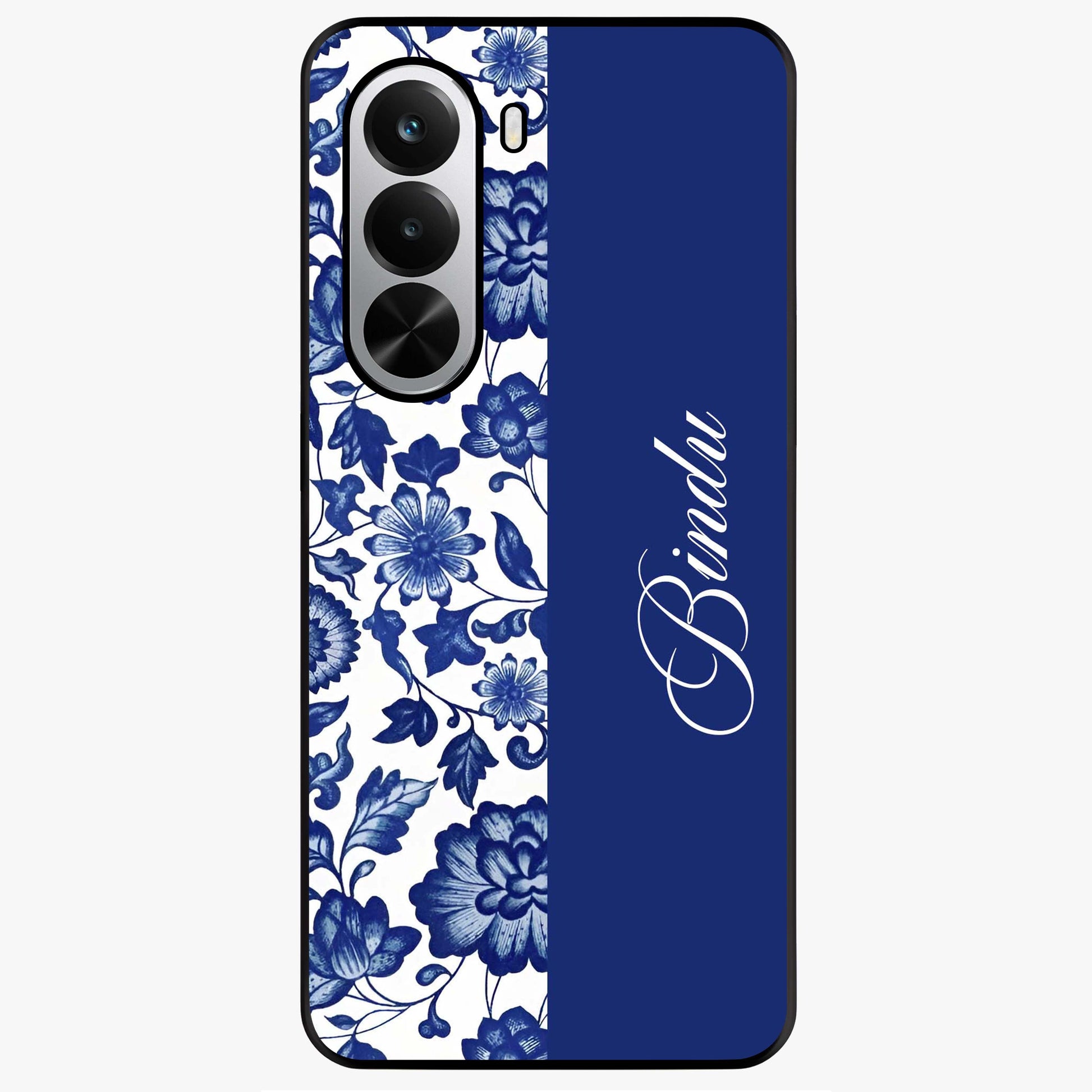 Blue Vintage Floral Pattern Glass Case upright view showcasing timeless floral illustration with vintage inspired style.