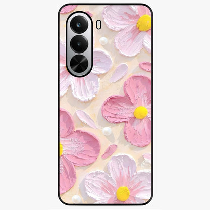 Blush Bloom Texture Glass Case showing flat back view with soft blush floral texture artwork and glossy glass finish.