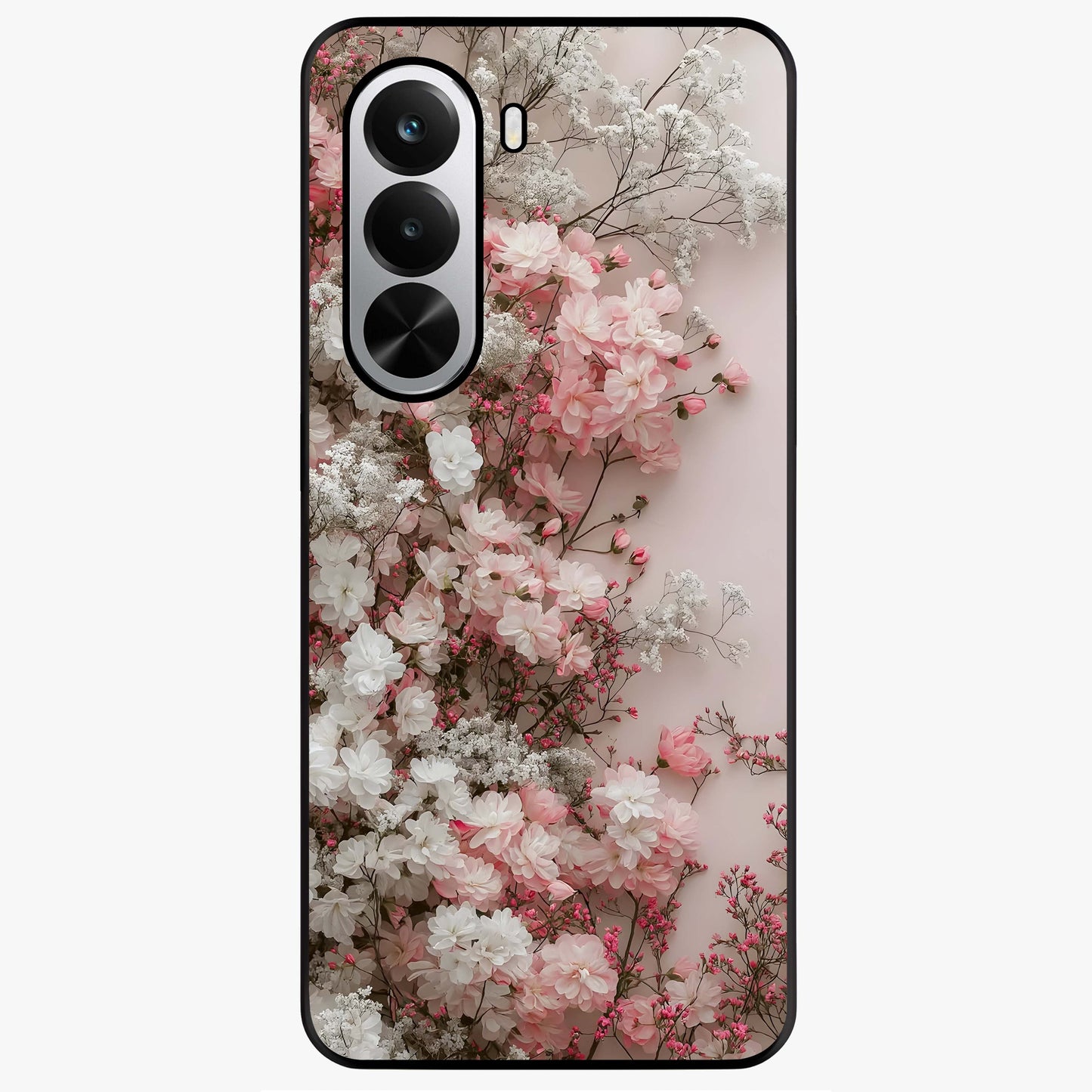 Blush Blossom Cloud Glass Case showing flat back view with dreamy blush cloud blossom artwork and glossy glass finish.