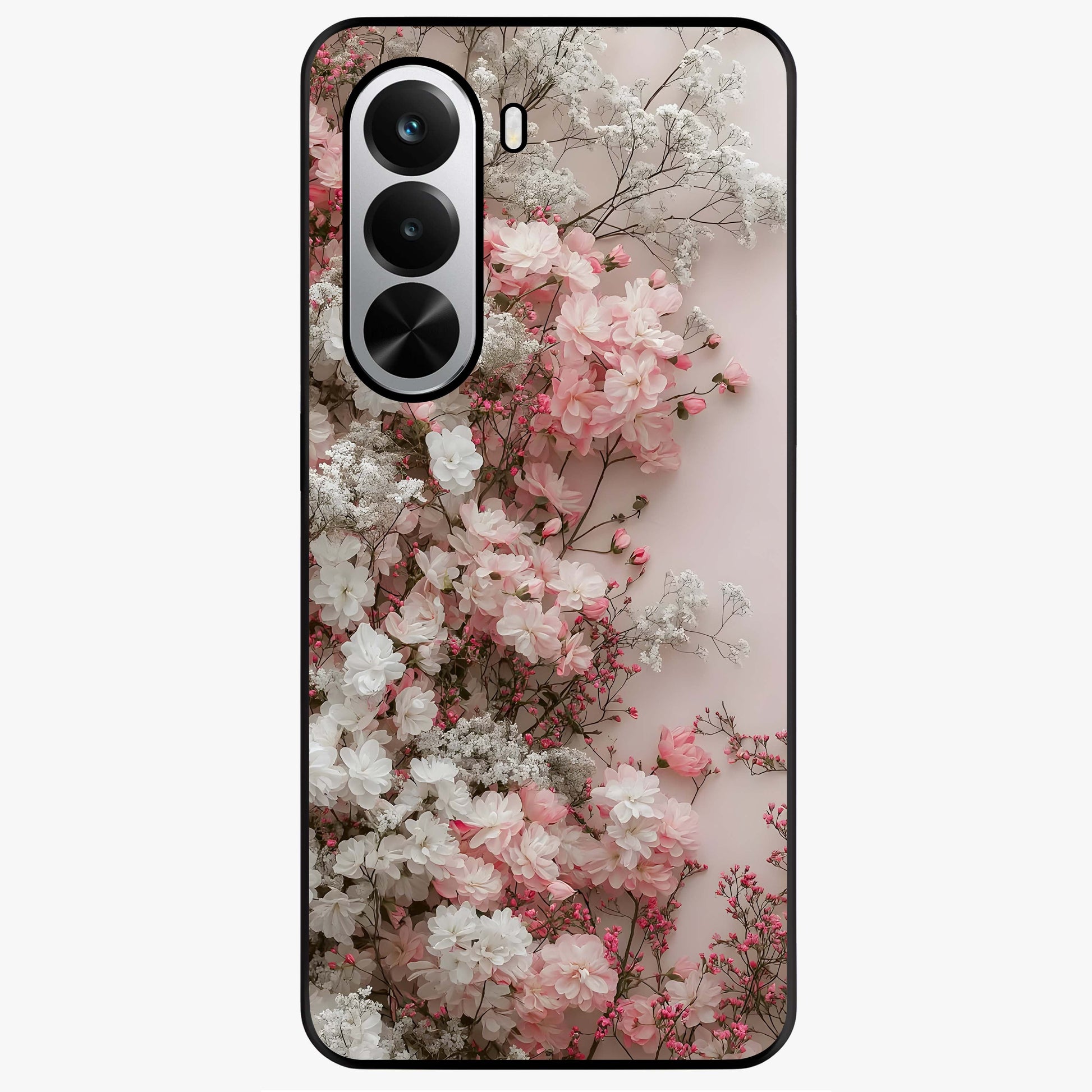 Blush Blossom Cloud Glass Case showing flat back view with dreamy blush cloud blossom artwork and glossy glass finish.