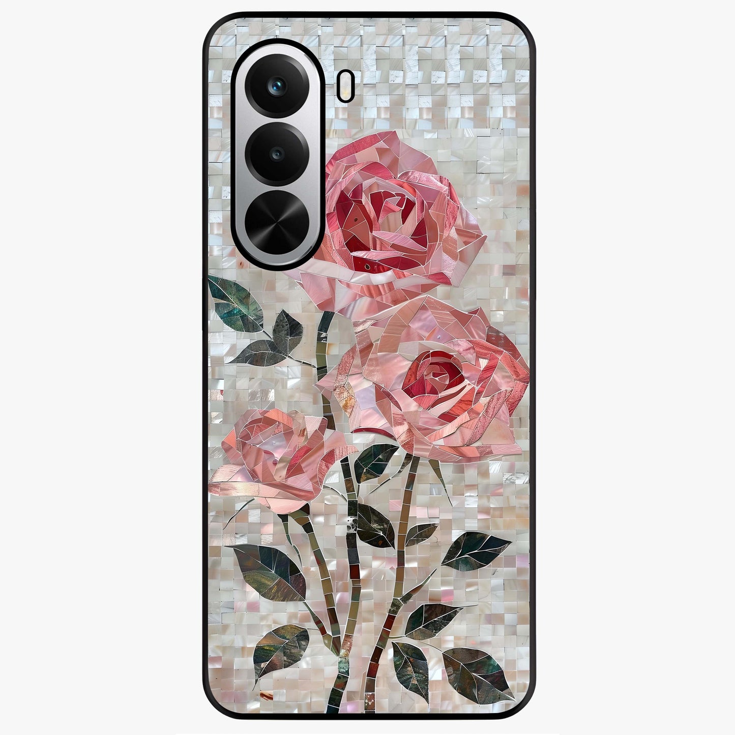 Blush Mosaic Bloom Glass Case showing flat back view with mosaic floral bloom artwork and glossy glass finish.