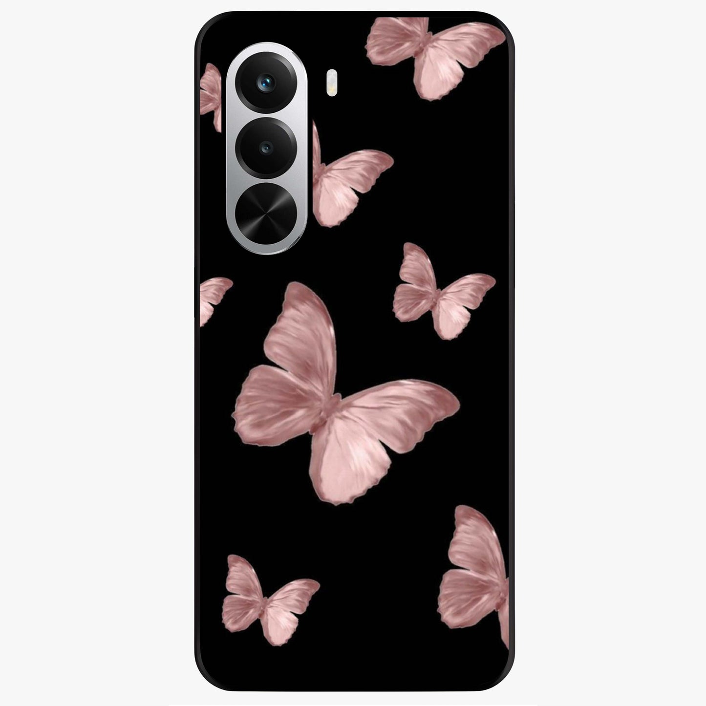 Butterfly Pattern Glass Case showing flat back view with elegant butterfly pattern artwork and glossy glass finish.