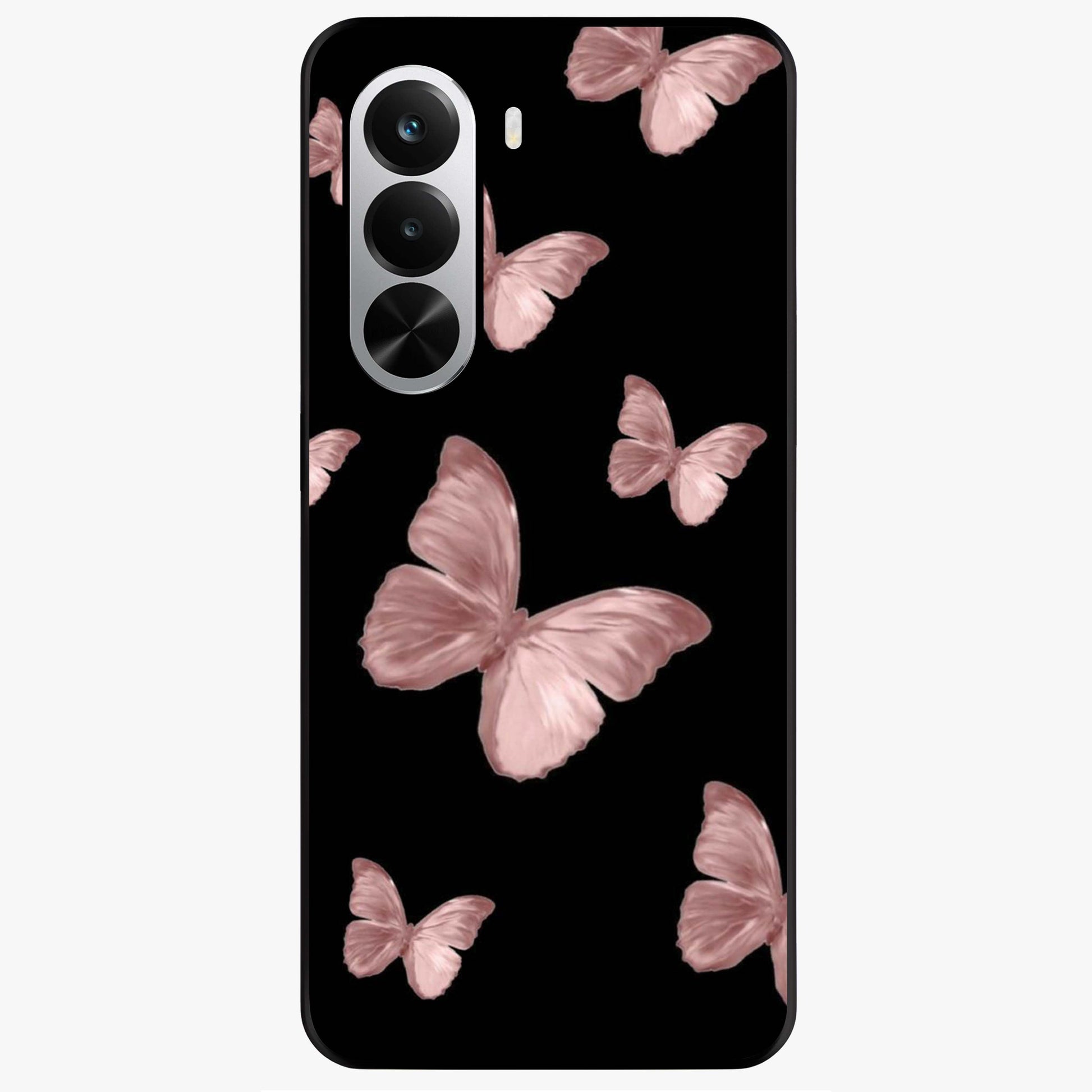 Butterfly Pattern Glass Case showing flat back view with elegant butterfly pattern artwork and glossy glass finish.